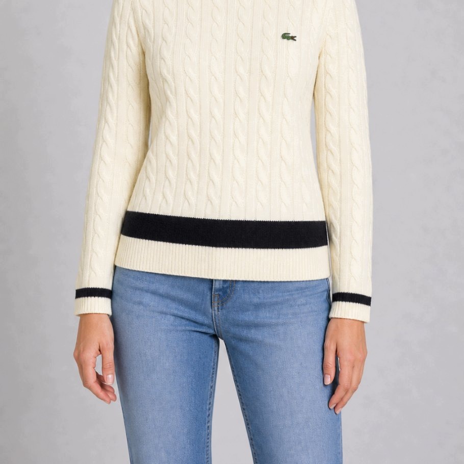 Lacoste Dámský svetr s copánkovou vazbou, vlněný, bílý, velikost M