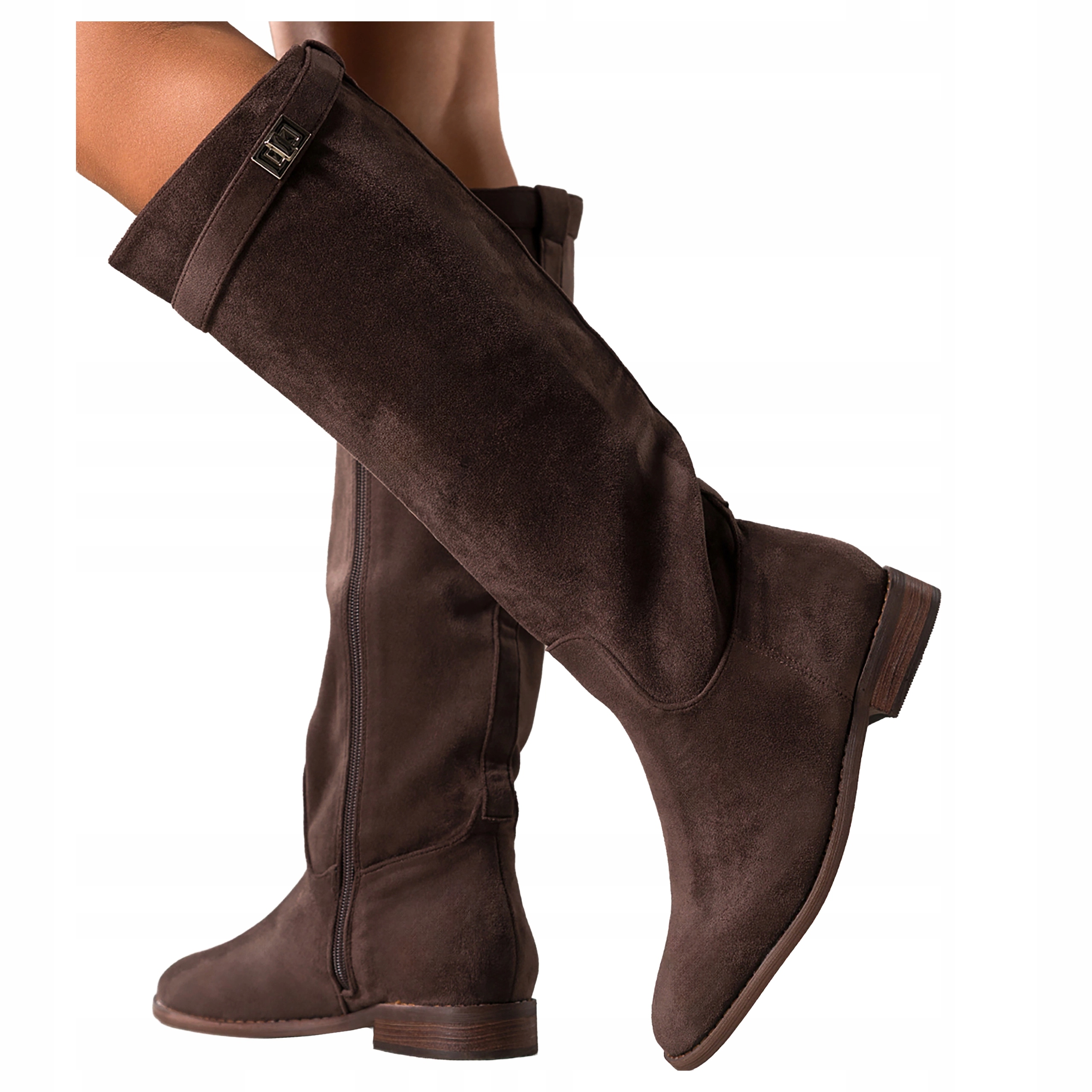 Čokoládové Kozačky Dámské Pásek s ozdobou Nízký Podpatek Před koleno vel. 40