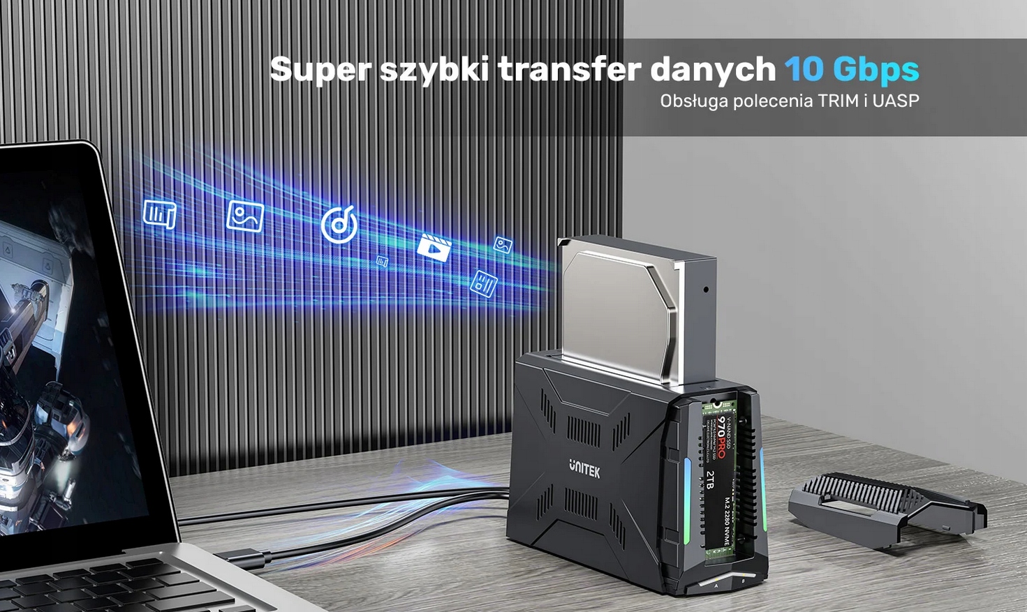 Unitek Stacja dokująca, 1x dysk M.2 NVMe, 1x dysk SATA, USB-C 10 Gbps Format dysków 2,5