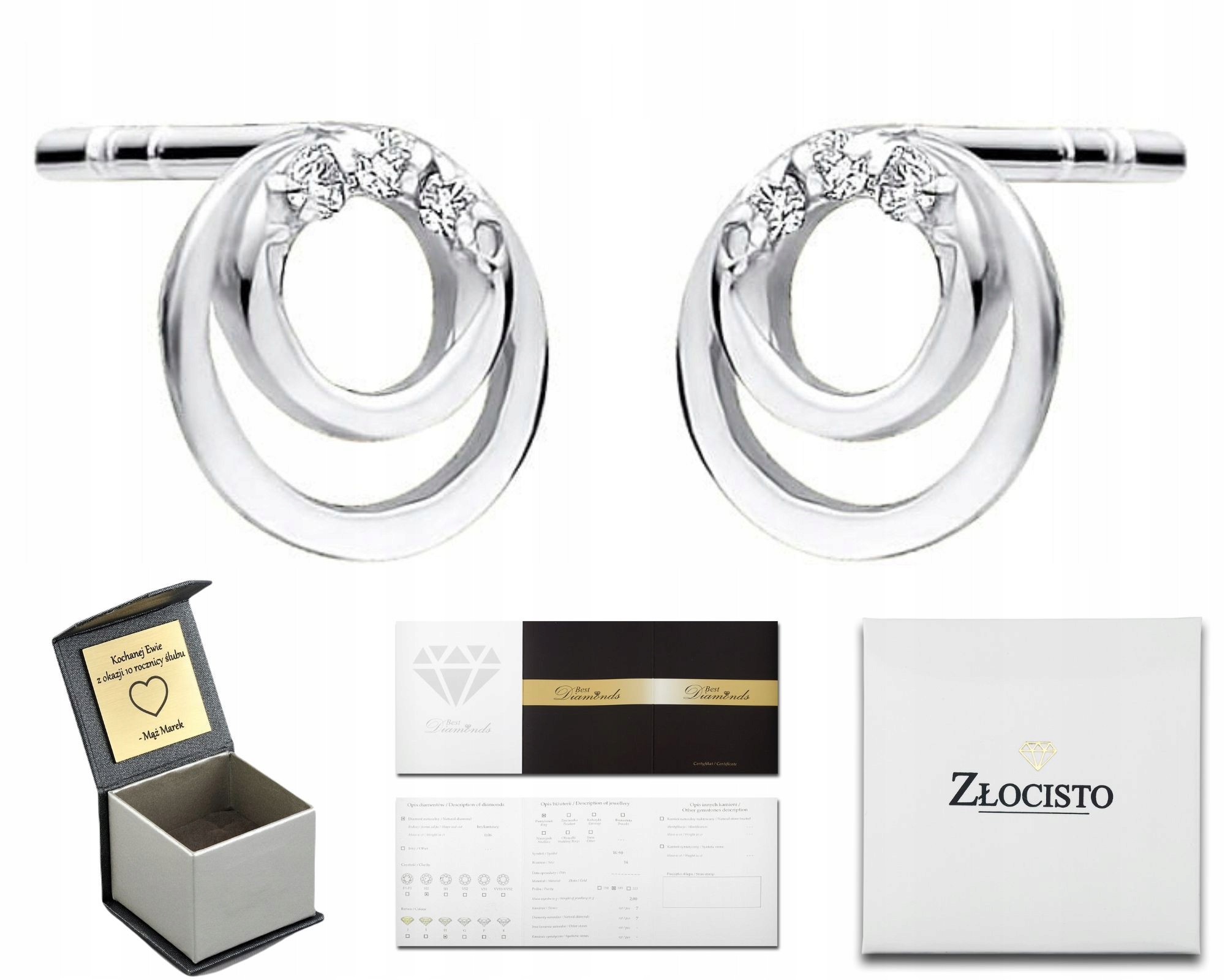KOLCZYKI Z BIAŁEGO ZŁOTA Z BRYLANTAMI RINGI GRAWER