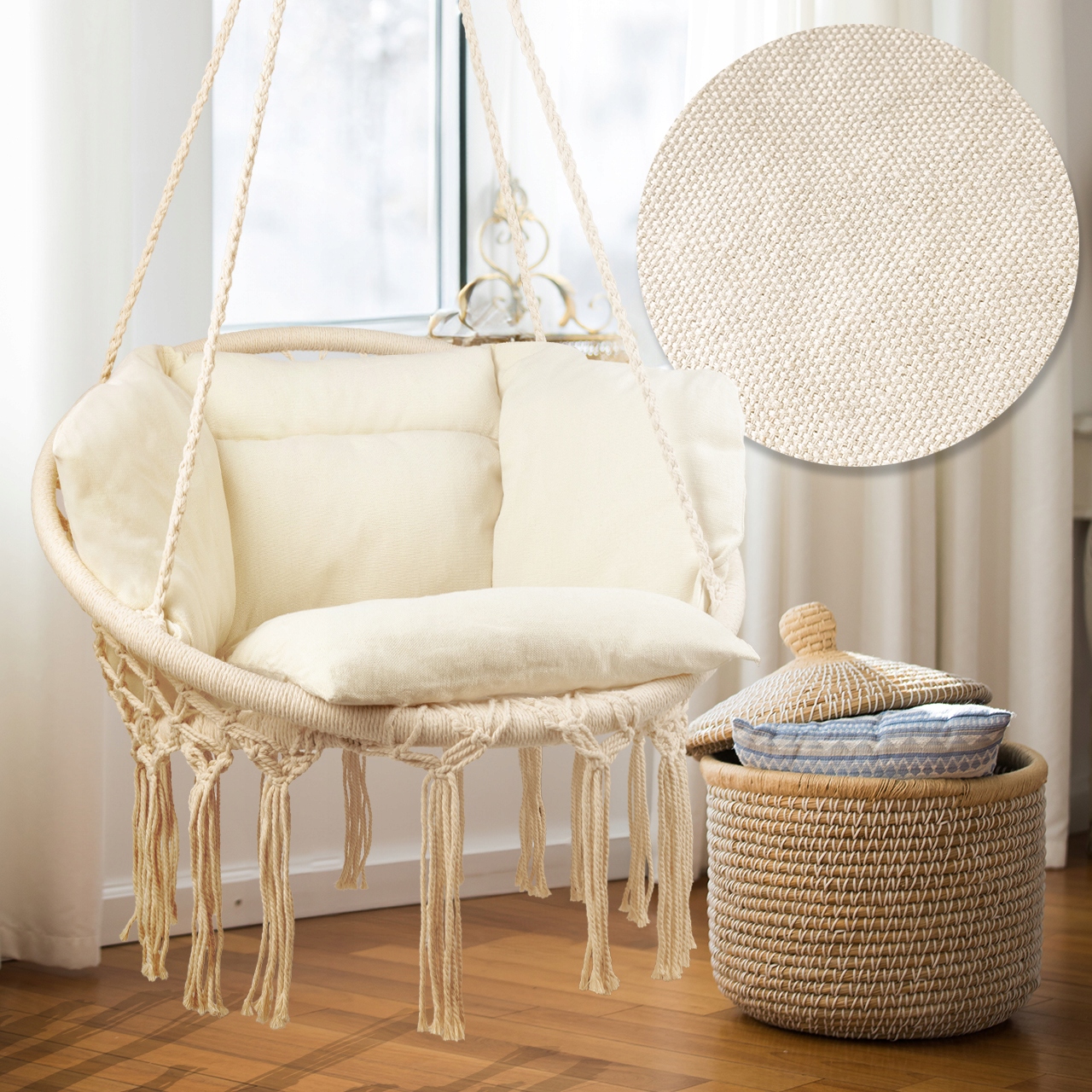 FOTEL WISZĄCY OGRODOWY HUŚTAWKA BOCIANIE GNIAZDO DO DOMU OGRODU Z PODUSZKĄ Styl skandynawski