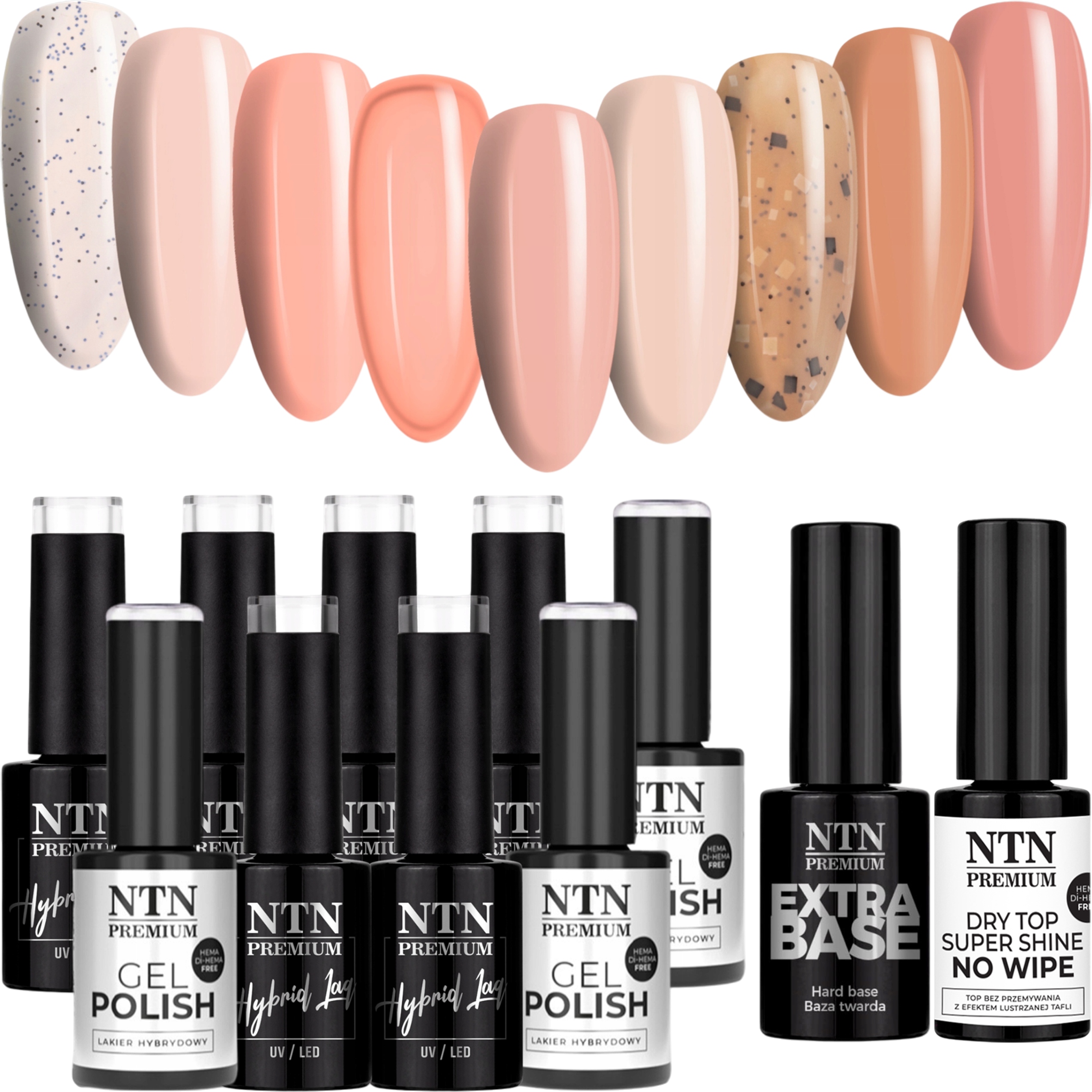 9x Lakier Hybrydowy Ntn Limited Edition Nudes Baza Top Zestaw Nude