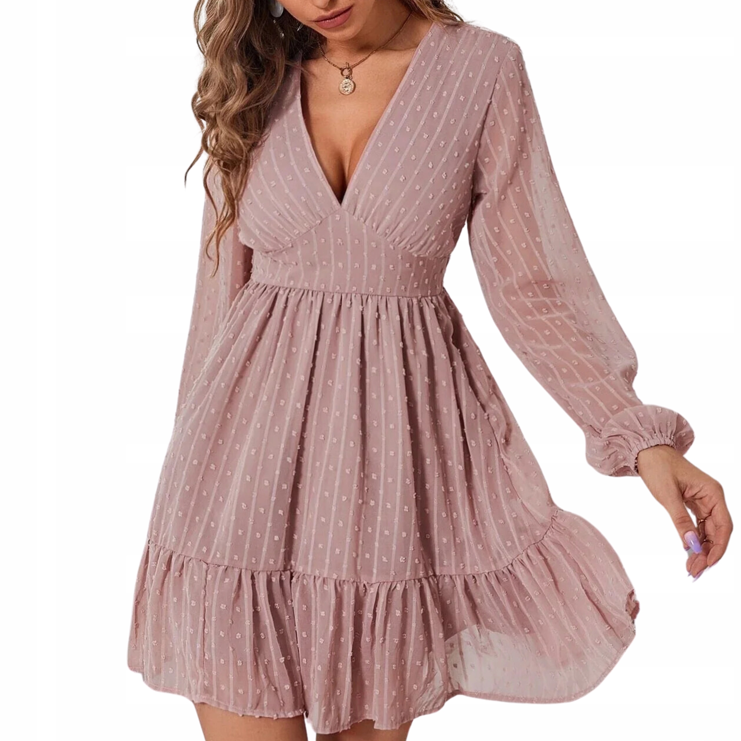Sukienka damska rozkloszowana długi rękaw mini dekolt w szpic różowa kropki