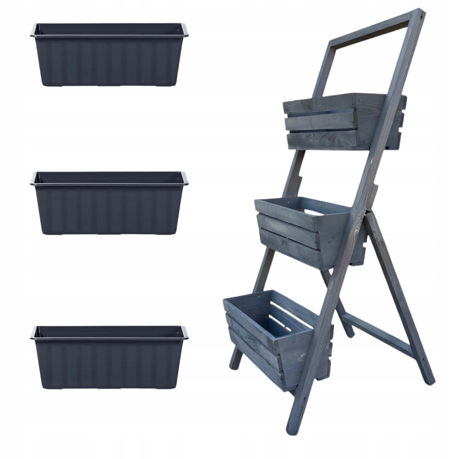 Dřevěný rozkládací stojan na květiny, šedý, 3 truhlíky 3 vložky