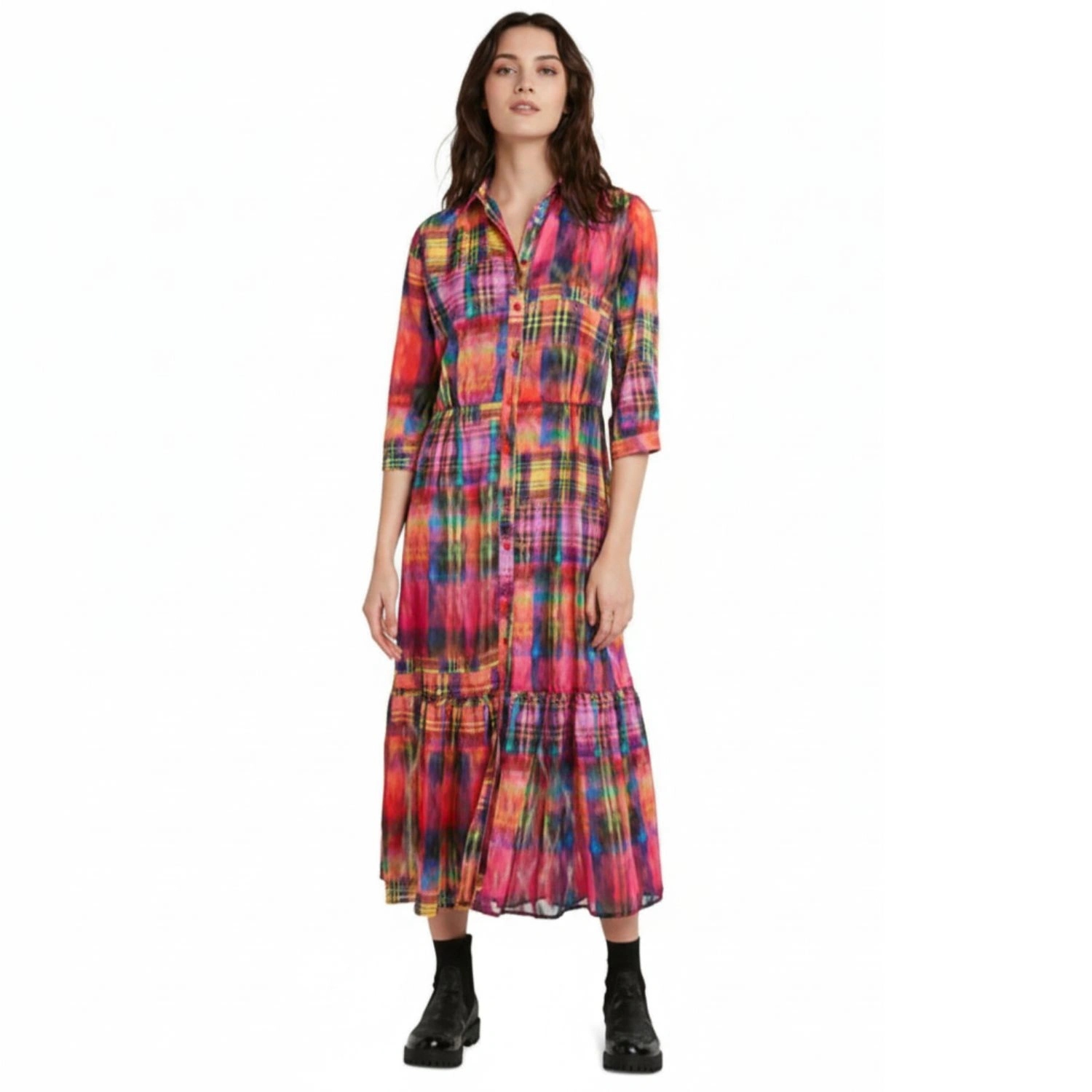 Šaty košilové midi šaty Desigual s kostkovaným vzorem a řasením vel. L