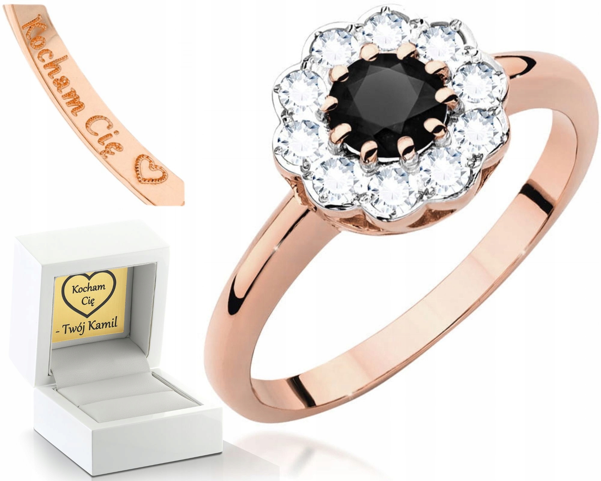 Růžové Zlato Prstýnek Černý Briliant Diamanty Gravírování 585 Bonus