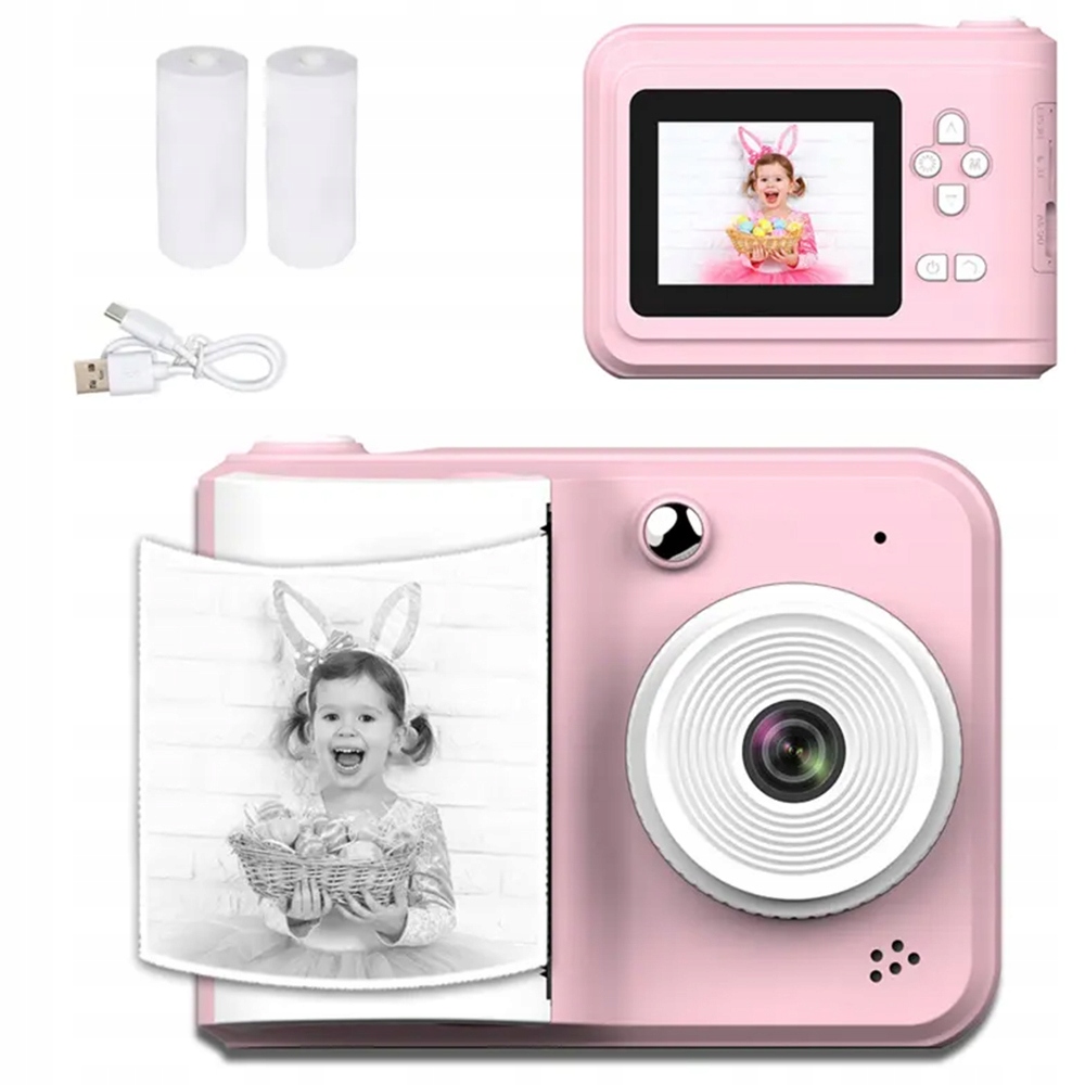 Aparat dla dzieci cyfrowy, natychmiastowy z drukarką+smycz i rolki, różowy