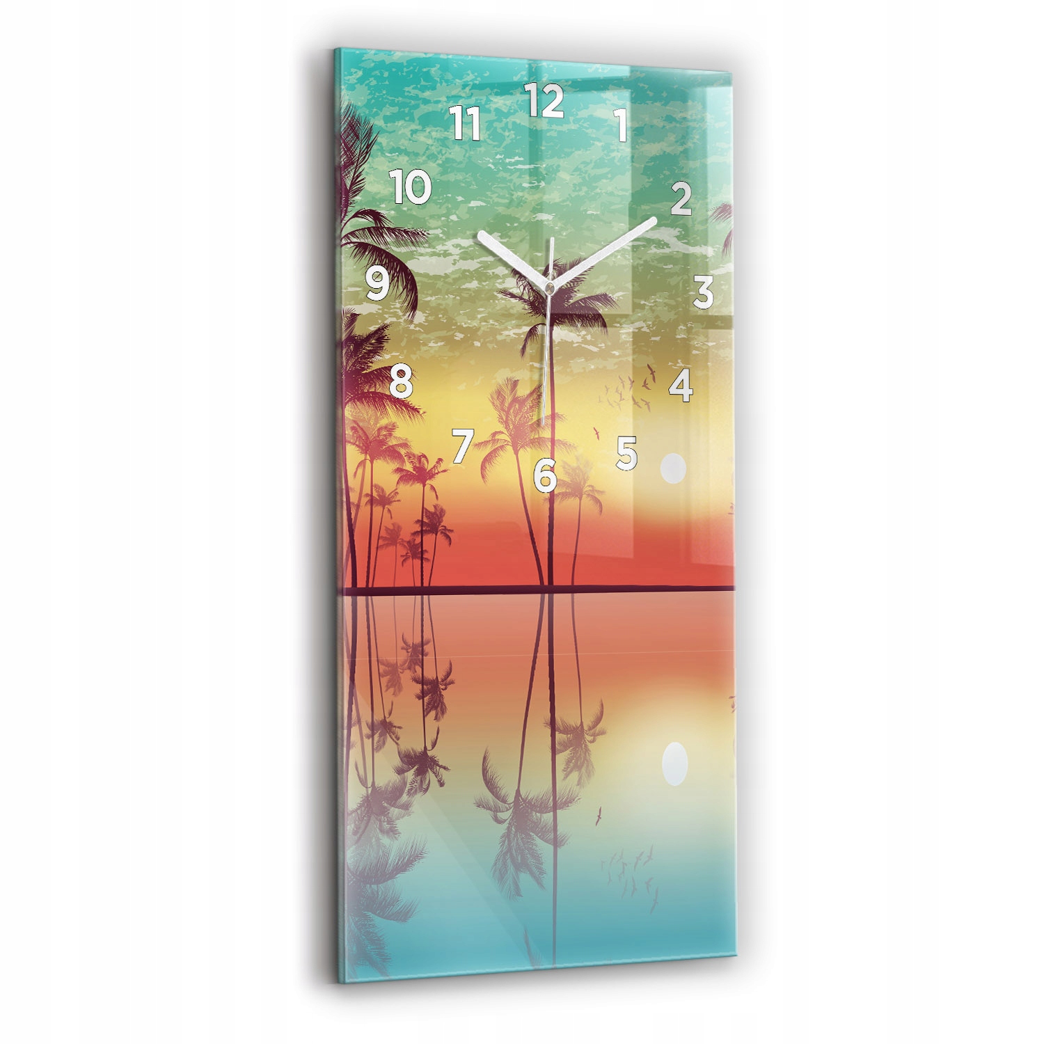 Vertikální nástěnné skleněné hodiny do kanceláře s grafikou Tropické palmy 30x60 cm