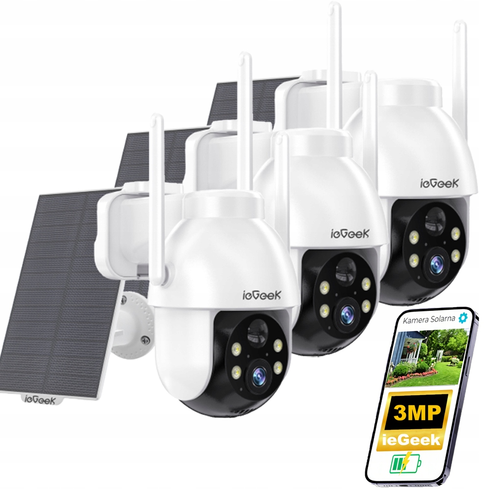 3 kusy Wifi Solární Kamera 3MPX 2K Inteligentní Venkovní 360° 4xZoom