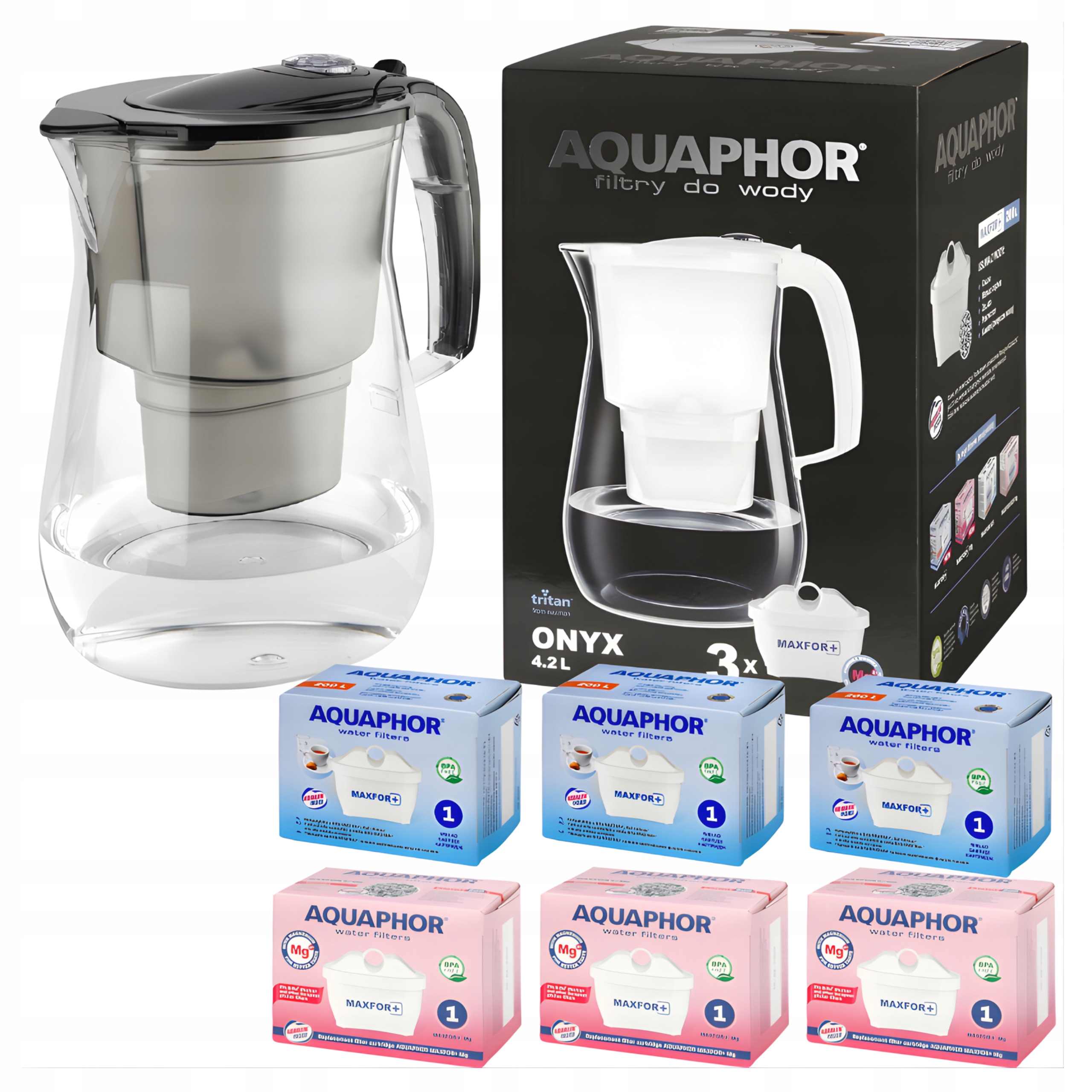 Dzbanek filtrujący Aquaphor Onyx 4,2 czarny z filtrami 3 zwykłe 3 magnezowe