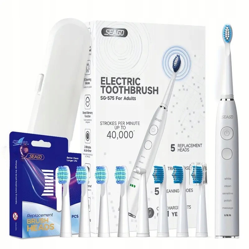 Szczoteczka Soniczna Seago SG-575 z Etui, Biała, zestaw z 9 Końcówkami