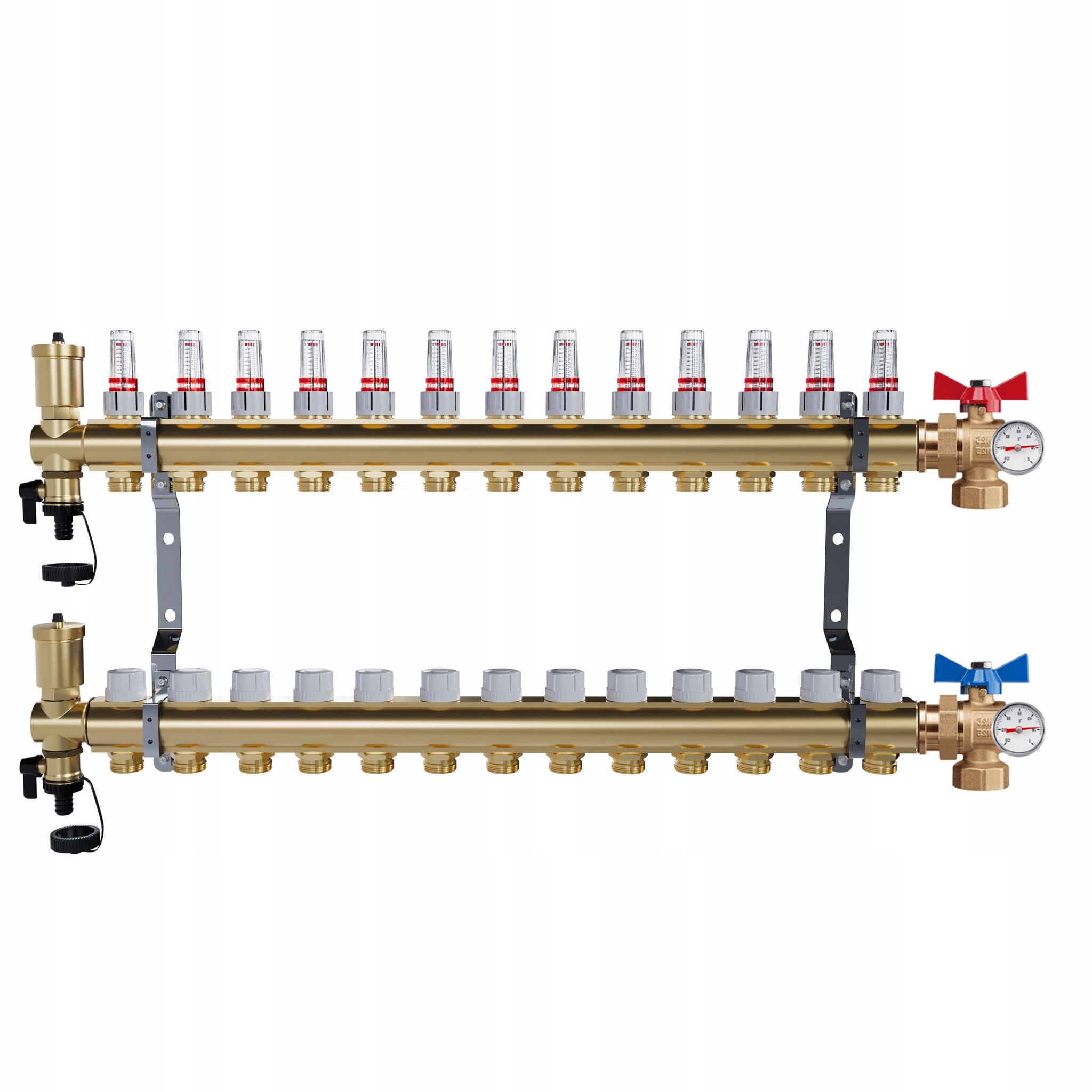 Rozdělovač mosazný Podlahovky 13 okruhů Kulové ventily Teploměr