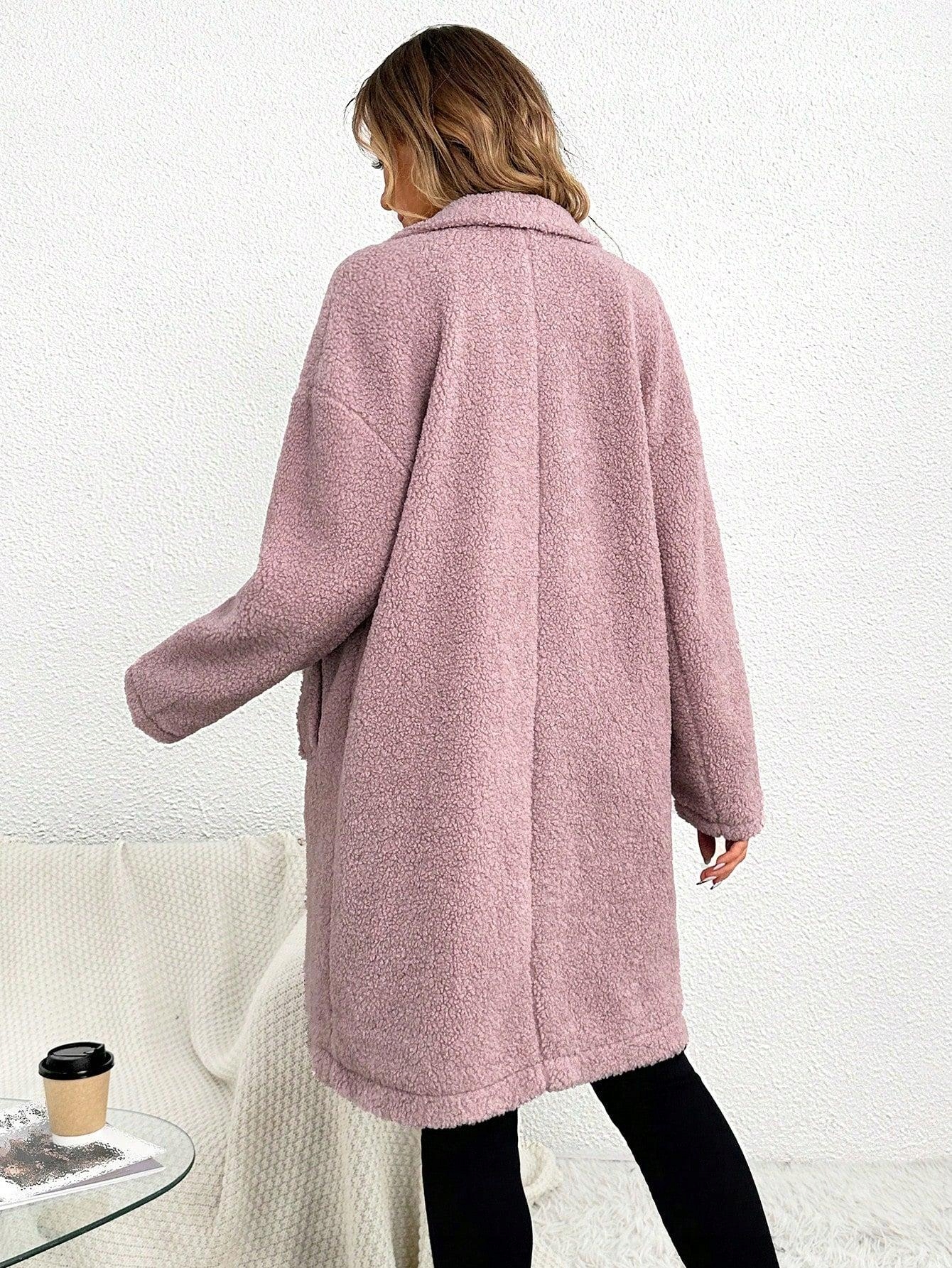 PŁASZCZ CIĄŻOWY KLASYCZNY PLUSZOWY RÓŻOWY MIŚ PROSTY GUZIKI SHEIN 38 Rozmiar 38