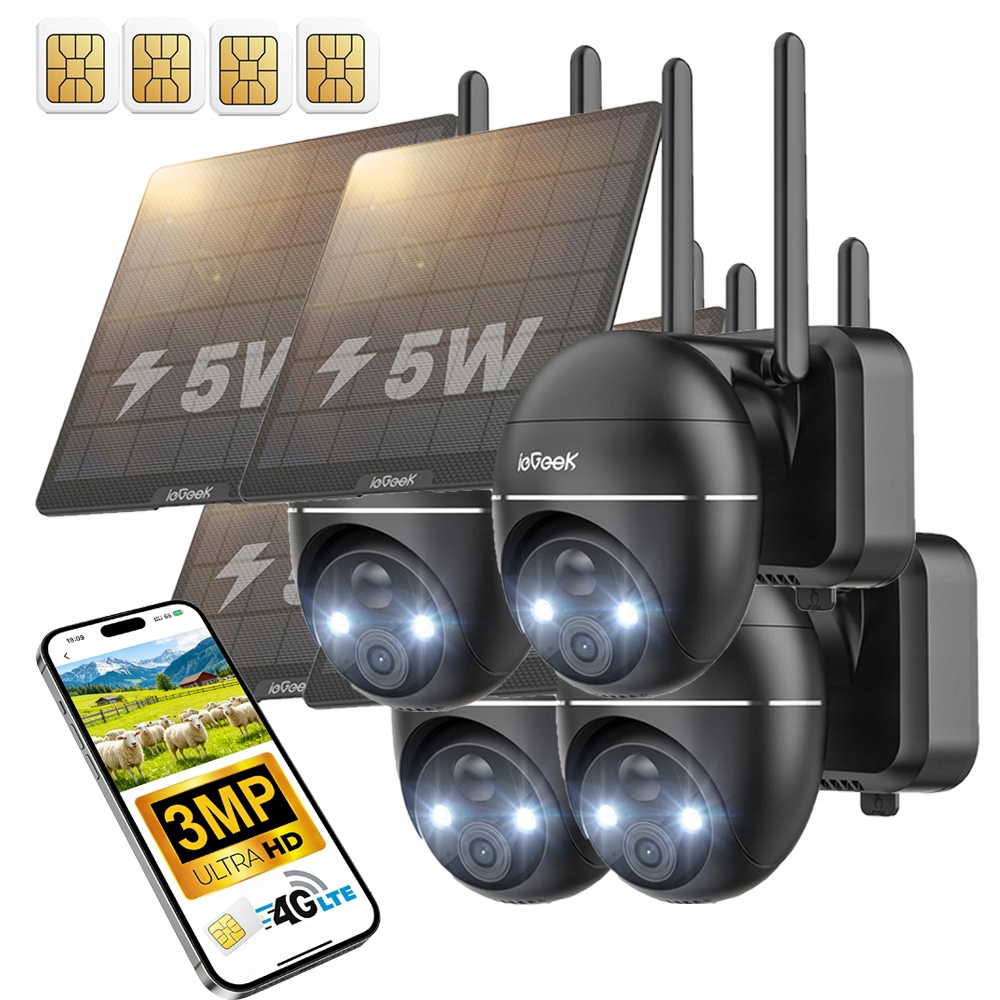 4 kusy Venkovní Solární Otočná Kamera Na Sim Kartu 4G 3MPx 4x Zoom