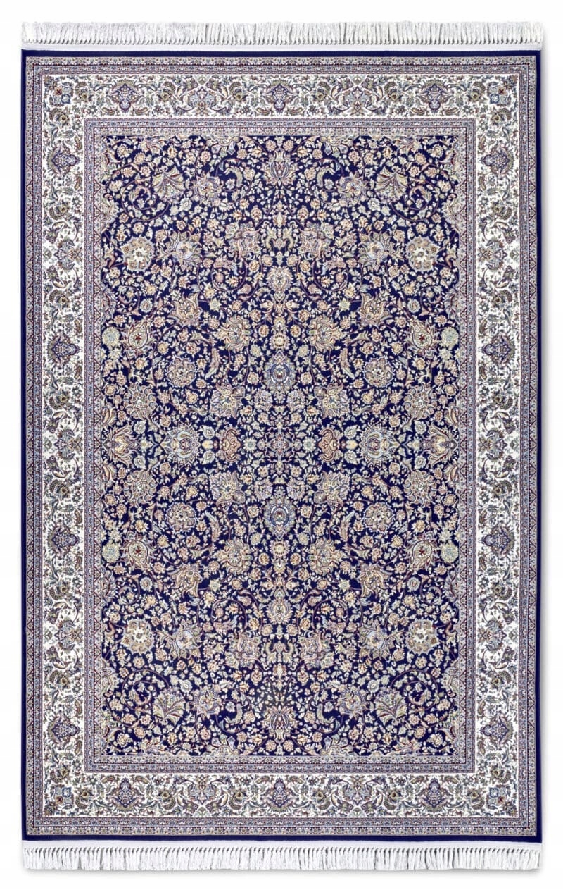 Tradičný koberec do obývačky 128x190c, klasický modro-krémový s strapcami