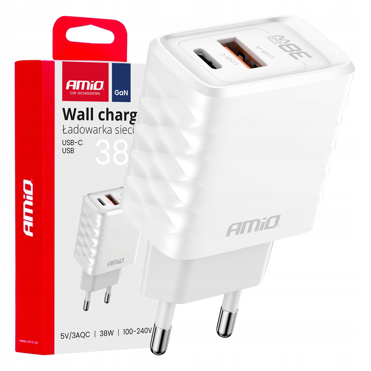 Ładowarka sieciowa Quick Charge GaN 38W Usb-a Usb-c AMIO-04287