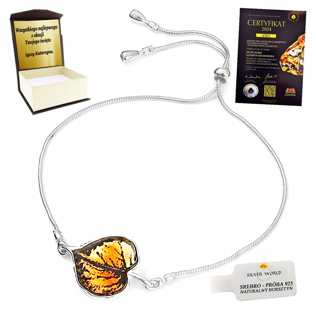 Stříbrný Náramek S Baltským Jantarom – Vyřezávaný Lipový List Gravírování