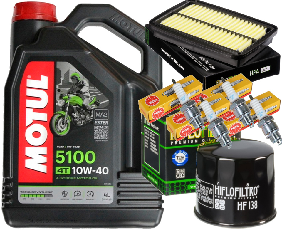 HF138 ZESTAW OLEJ MOTUL 5100 10W40 4L ŚWIECE NGK FILTRY GSX650F 08-16