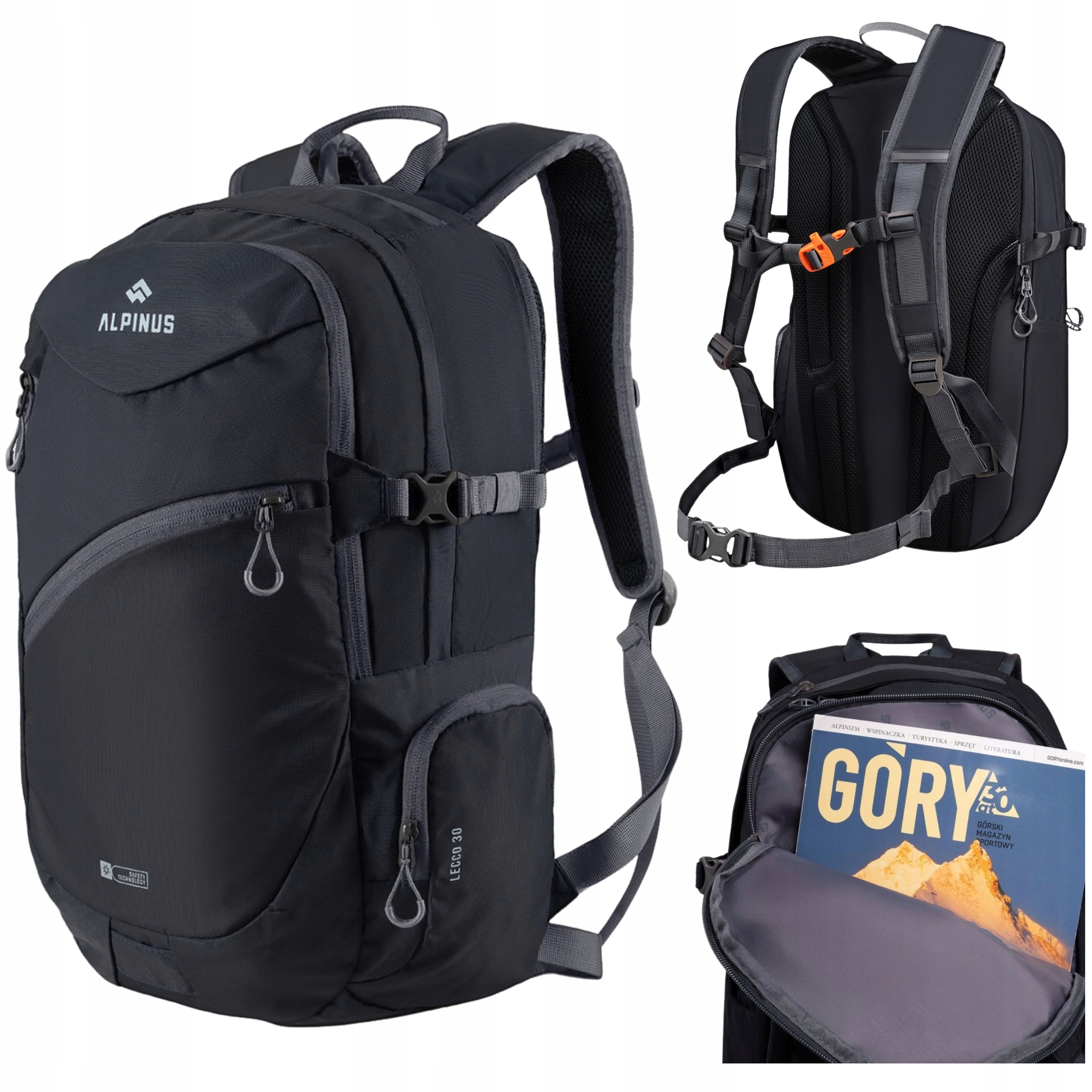 Alpinus Plecak Turystyczny Trekkingowy Sportowy Miejski Lecco 30L Czarny