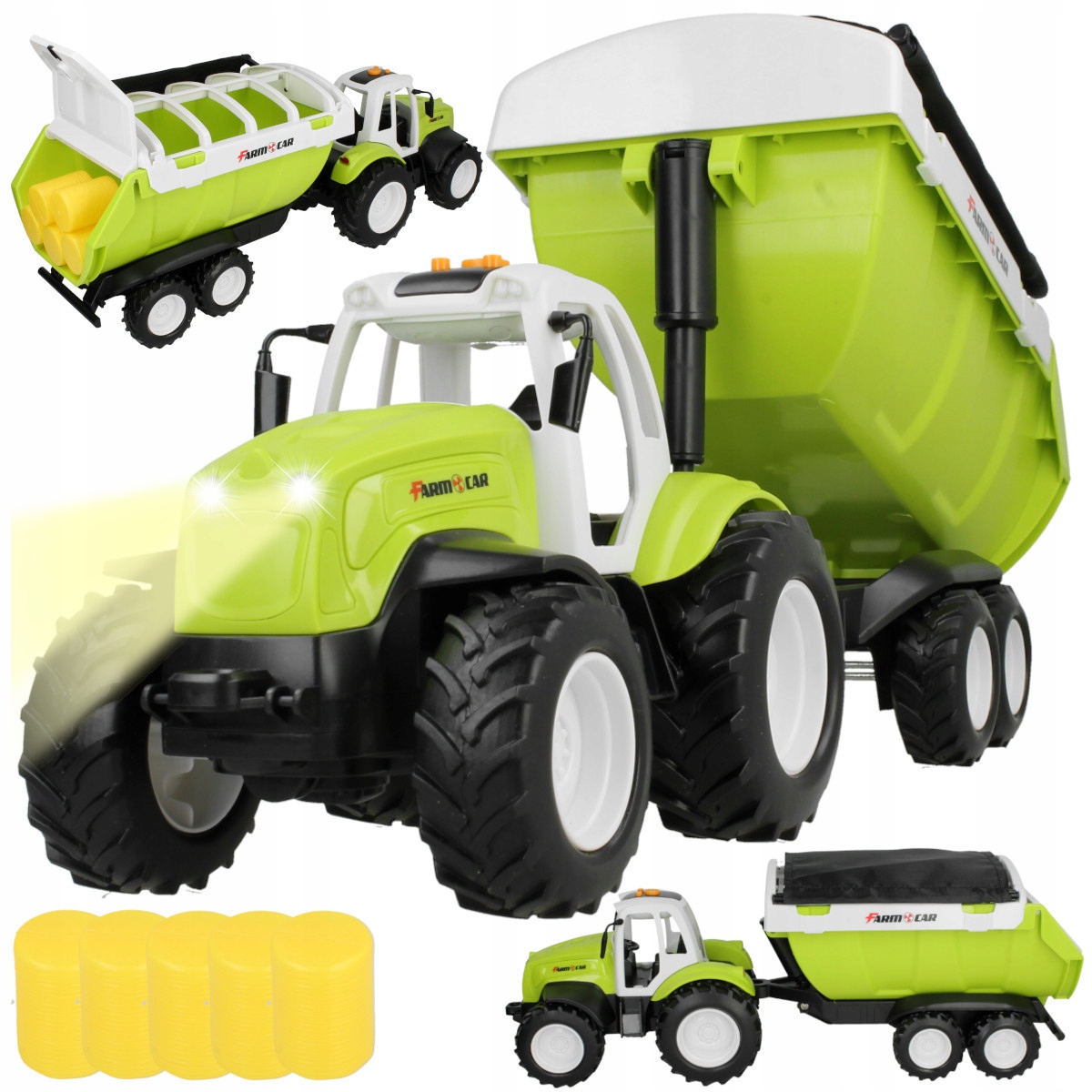 OGROMNY TRAKTOR XXL Z PRZYCZEPĄ WYWROTKĄ PLANDEKĄ BALE SŁOMY ŚWIATŁA DŹWIĘK