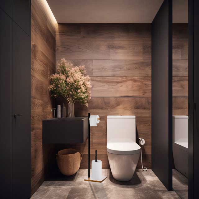 STOJAK ŁAZIENKOWY STABILNY NA PAPIER TOALETOWY METALOWY CZARNY / BAMBUS EAN (GTIN) 9415410135999