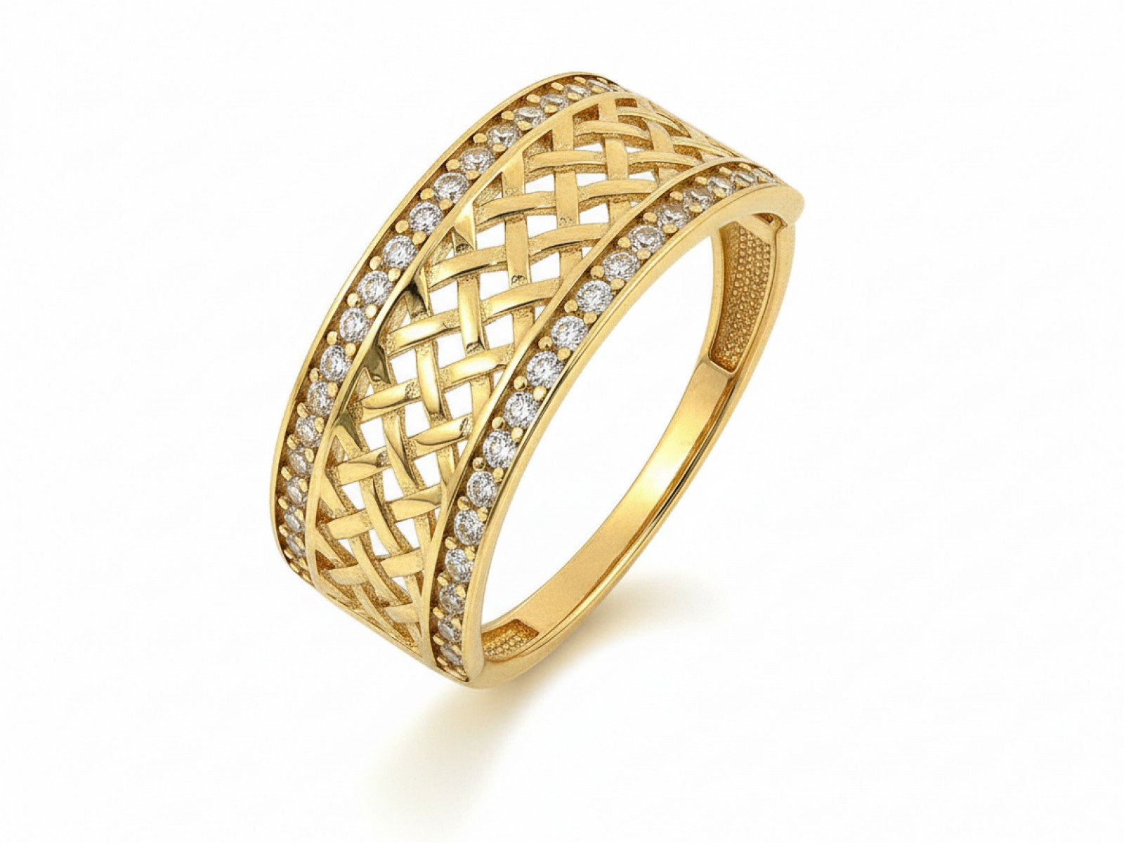 Ženský zlatý prstýnek 585 s zirkony, široký, módní, 14 kt