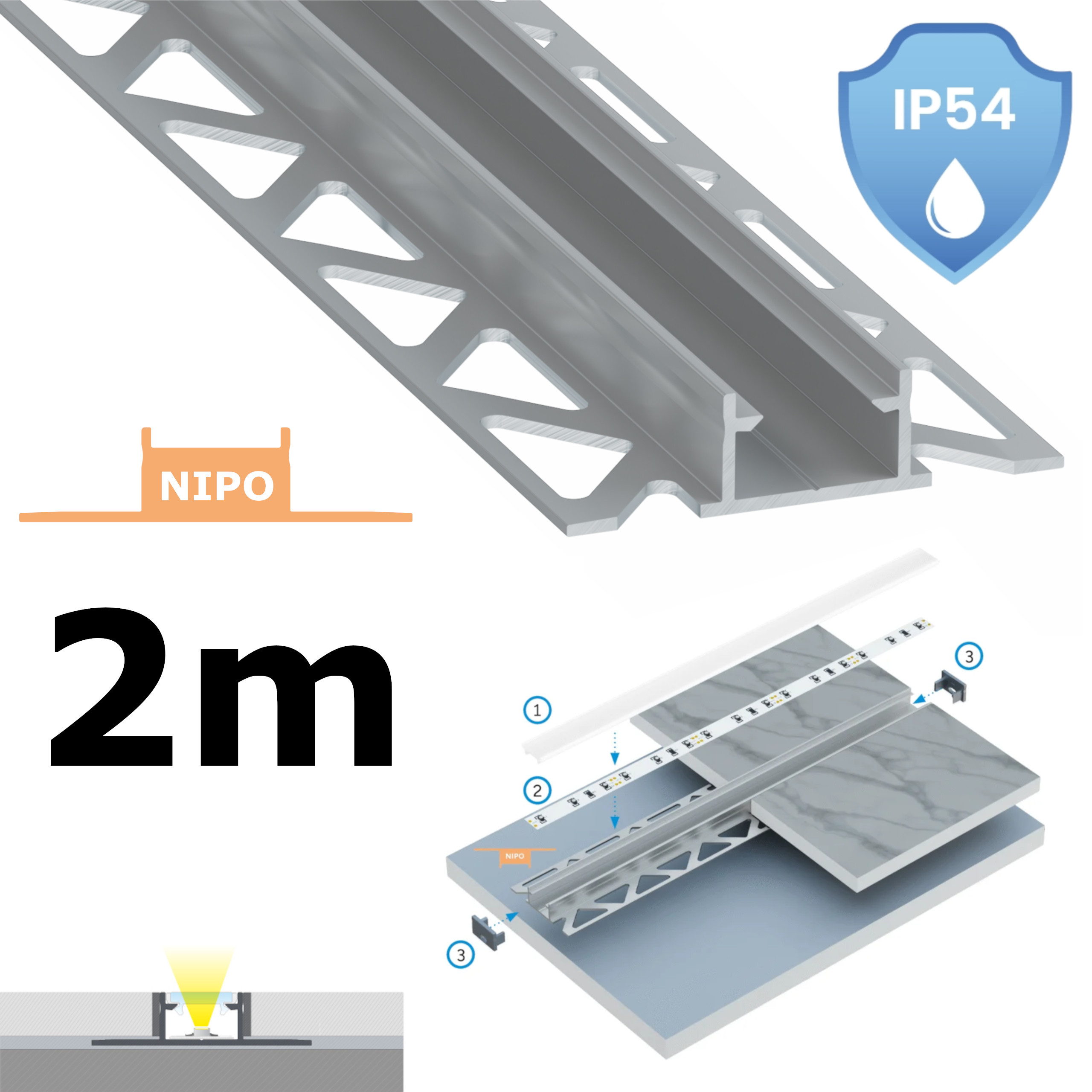 Led Profil Voděodolný Stříbrný IP54 Typ Nipo 2 M Pro Koupelnu, Fasádní Dlaždice