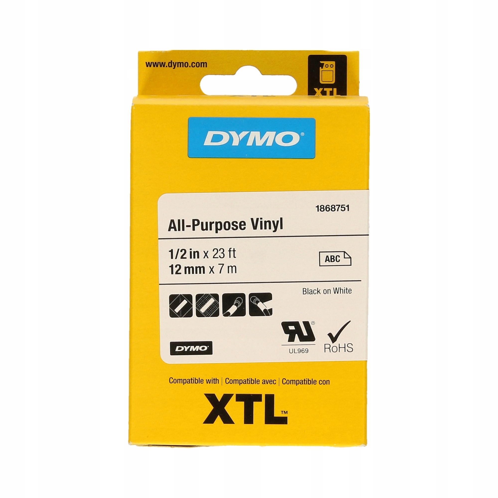 Dymo Xtl 1868751 Taśma winylowa czarn napis biała taśma 12mm 7m Oryginalna