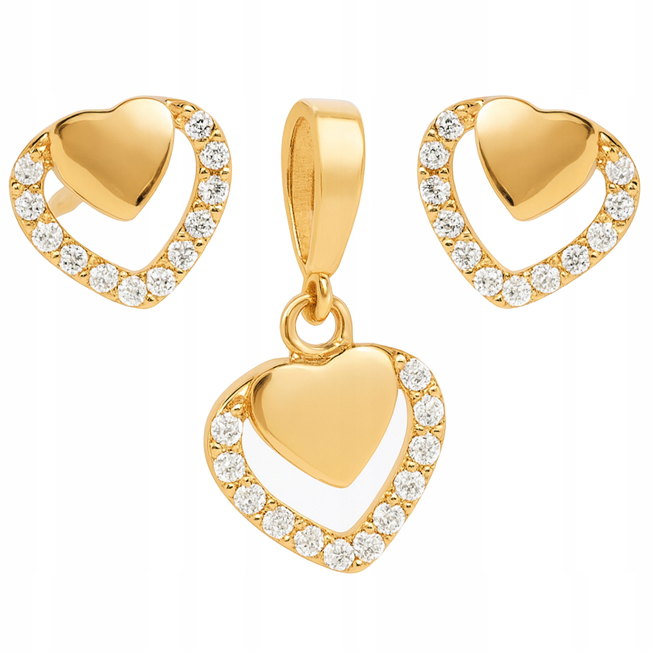 Zlaté náušnice a přívěsek se srdíčka 585 jako módní dárek