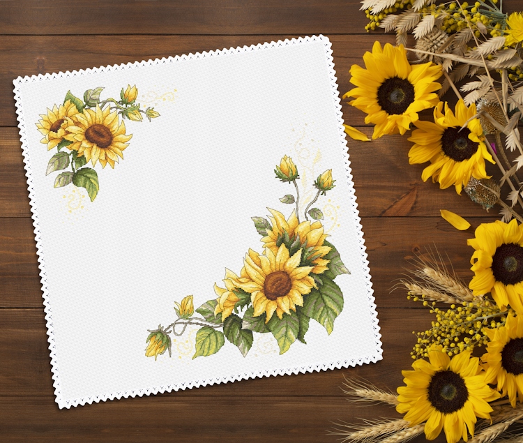 Křížková výšivka Vyšívací sada Vintage slunečnicový ubrousek