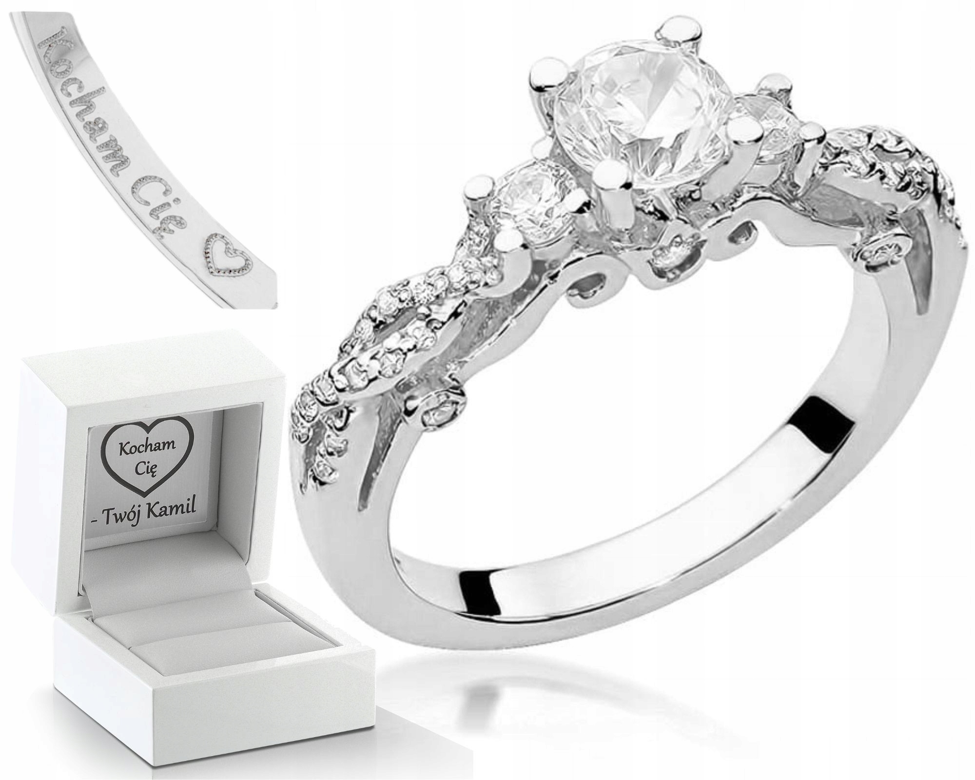 Prstýnek Prsten Z Bílého Zlata S Bílým Safírem A Diamanty Gravírování 585