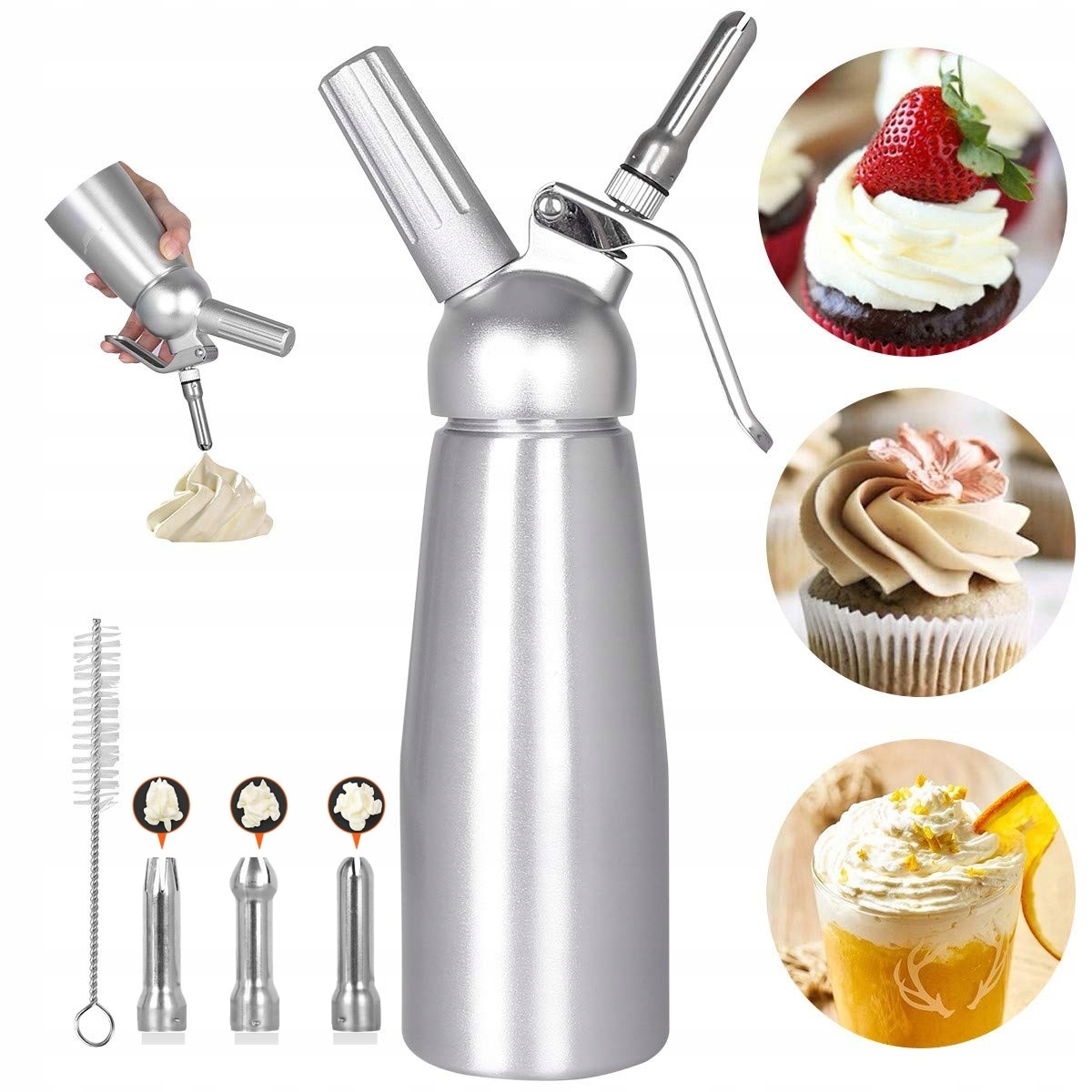 Sifon se 3 nástavci Na Šlehačku 500ML Stříbrný