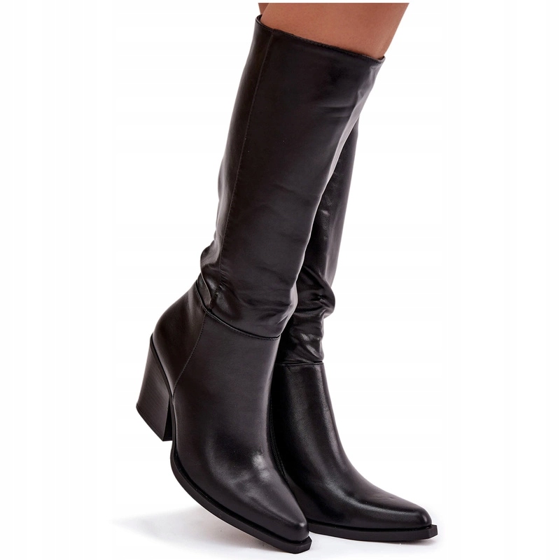 Eko Kožené Kozačky Na Zip, Zateplené, Zkosený Podpatek, Černý Sloupek, Velikost 38