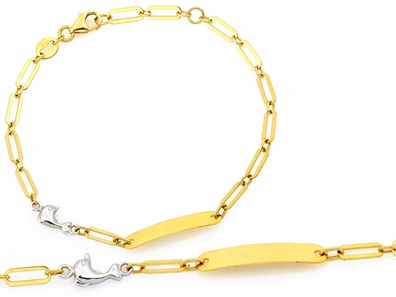 Náramek zlatý 585 dětský s bílým delfínkem plíšek pod gravírování r16