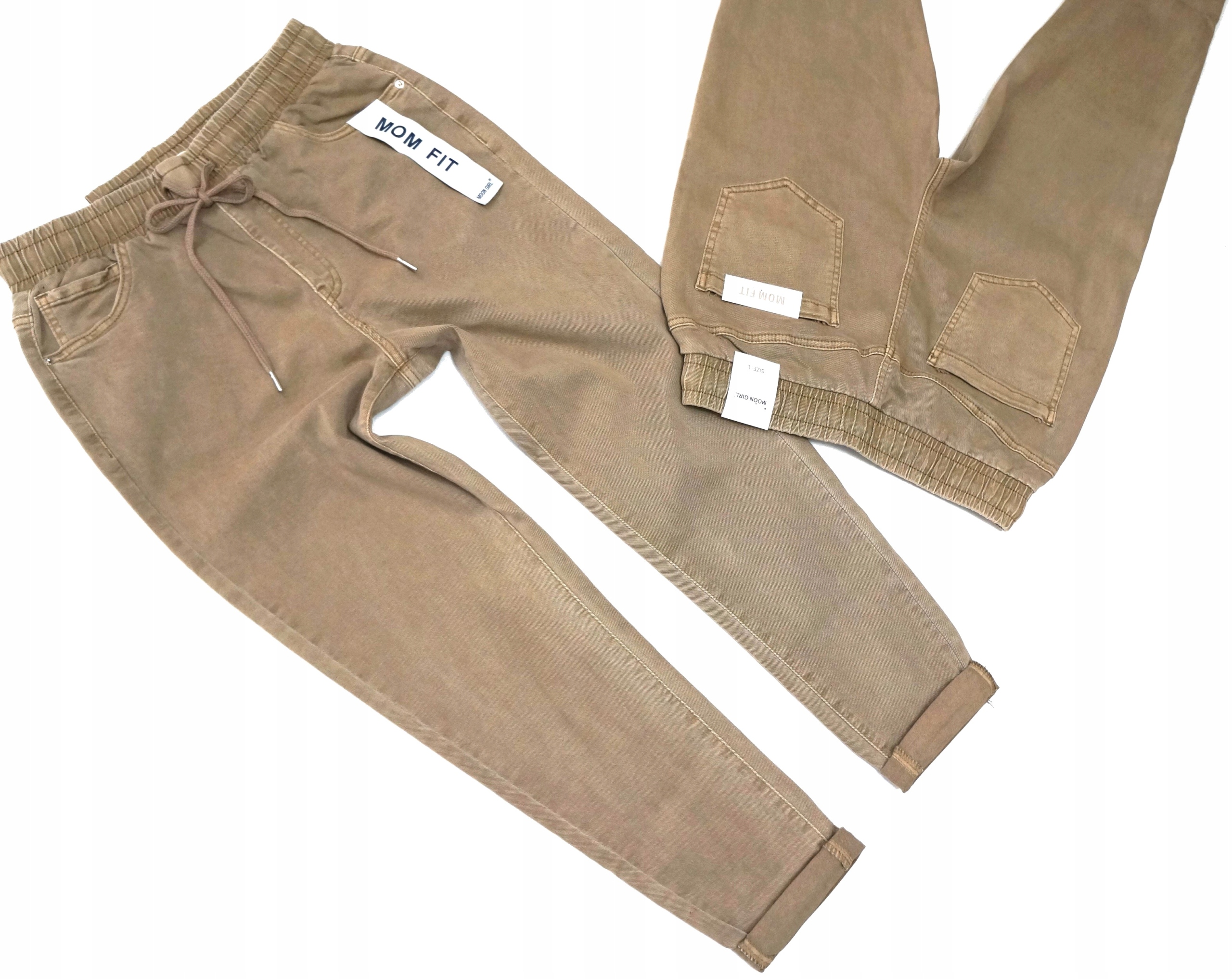 Spodnie Jeansowe Gumka W Pasie Mom Fit Luźniejsze Beżowe 36 S