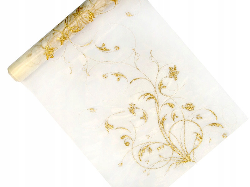 

Organza ze złotym nadrukiem bieżnik - 36 cm x 9 m