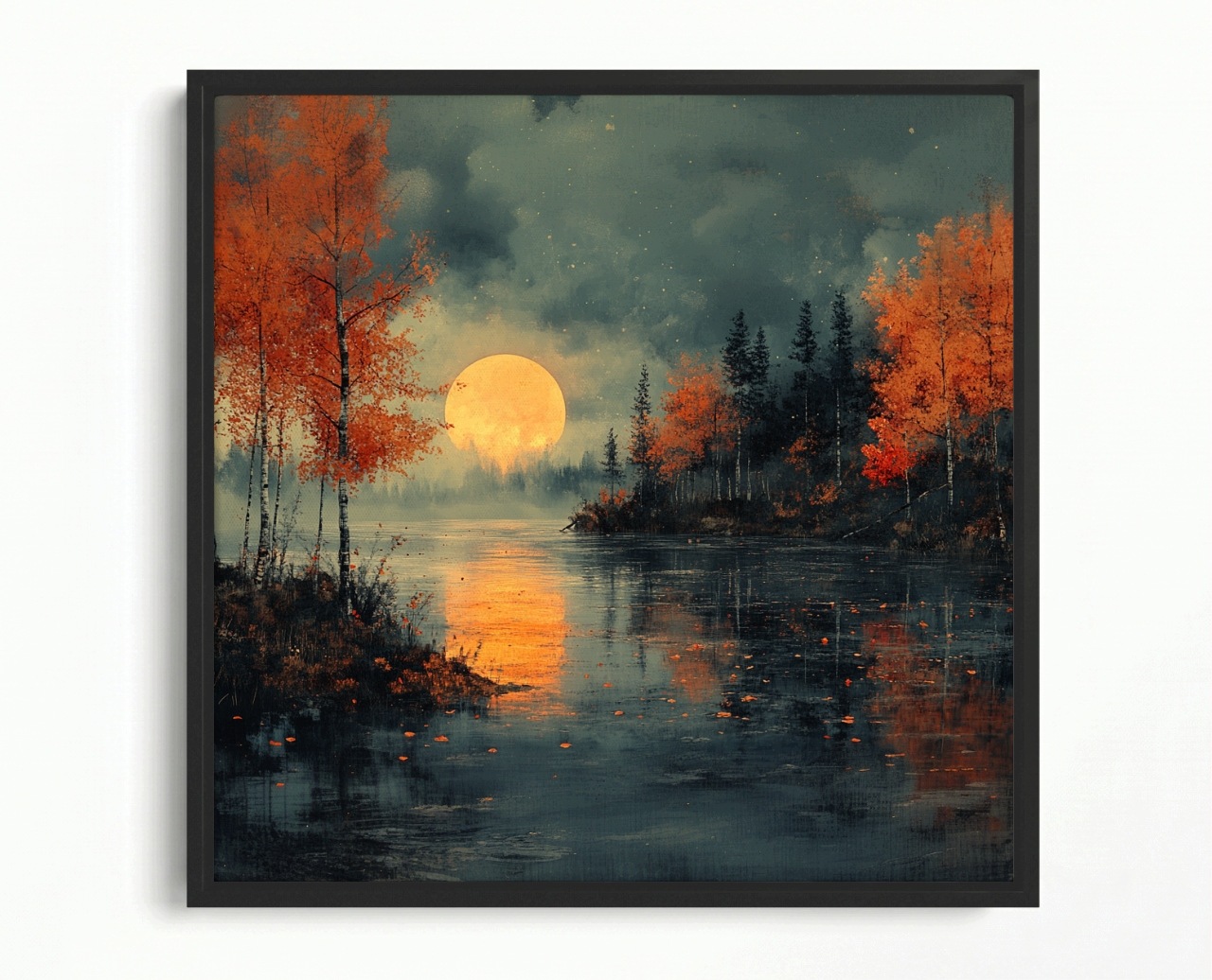 Obraz Rám Americká Krajina Jezero Stromy Měsíc Večer Noc 80x80