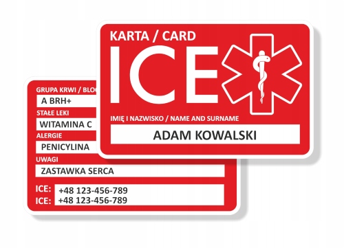 KARTA ICE PIERWSZA POMOC PERSONALIZOWANA PCV