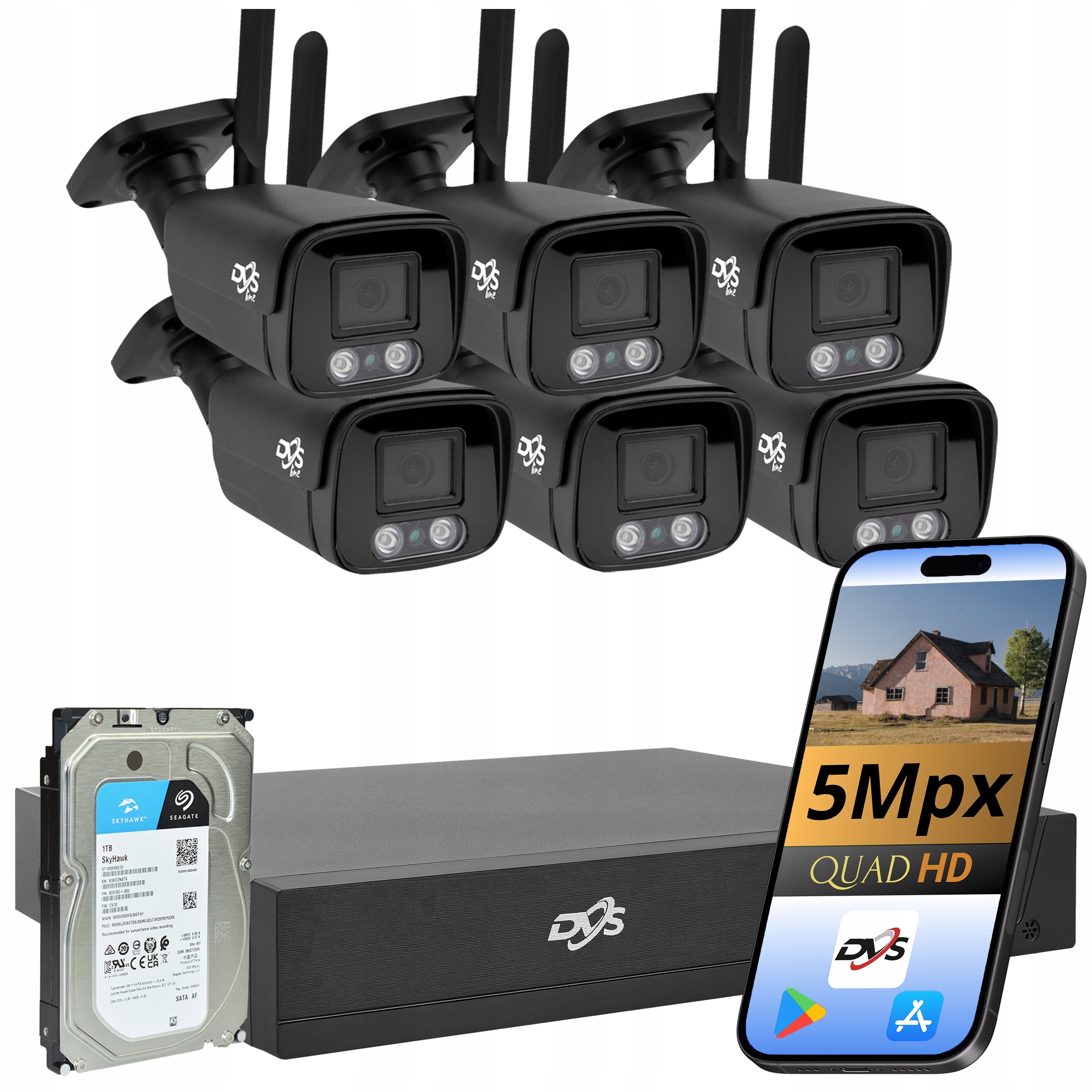 Sada 6 Kamer Monitoring Wifi Bezdrátové Černé 5MP Dvs Tuba Disk 1TB