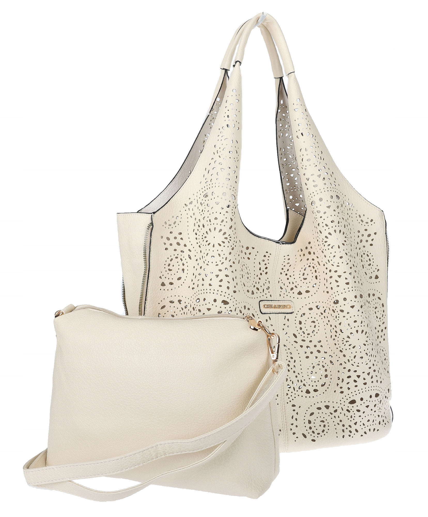 Torebka Damska włoskiej marki Charro Ażurowa 2w1 Worek shopper CH28 beżowa