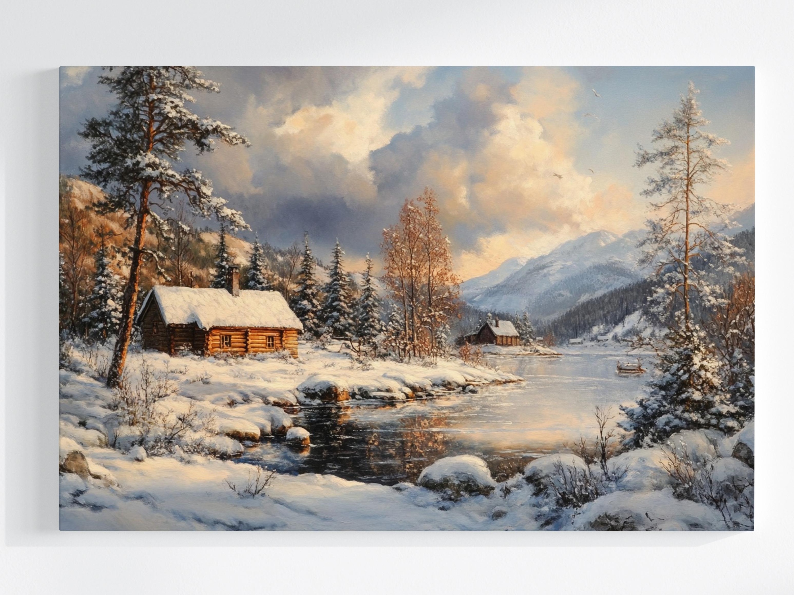 Obraz Na Plátně Canvas Zimní Krajina Chata Hory Sníh Les Jezero 120x80