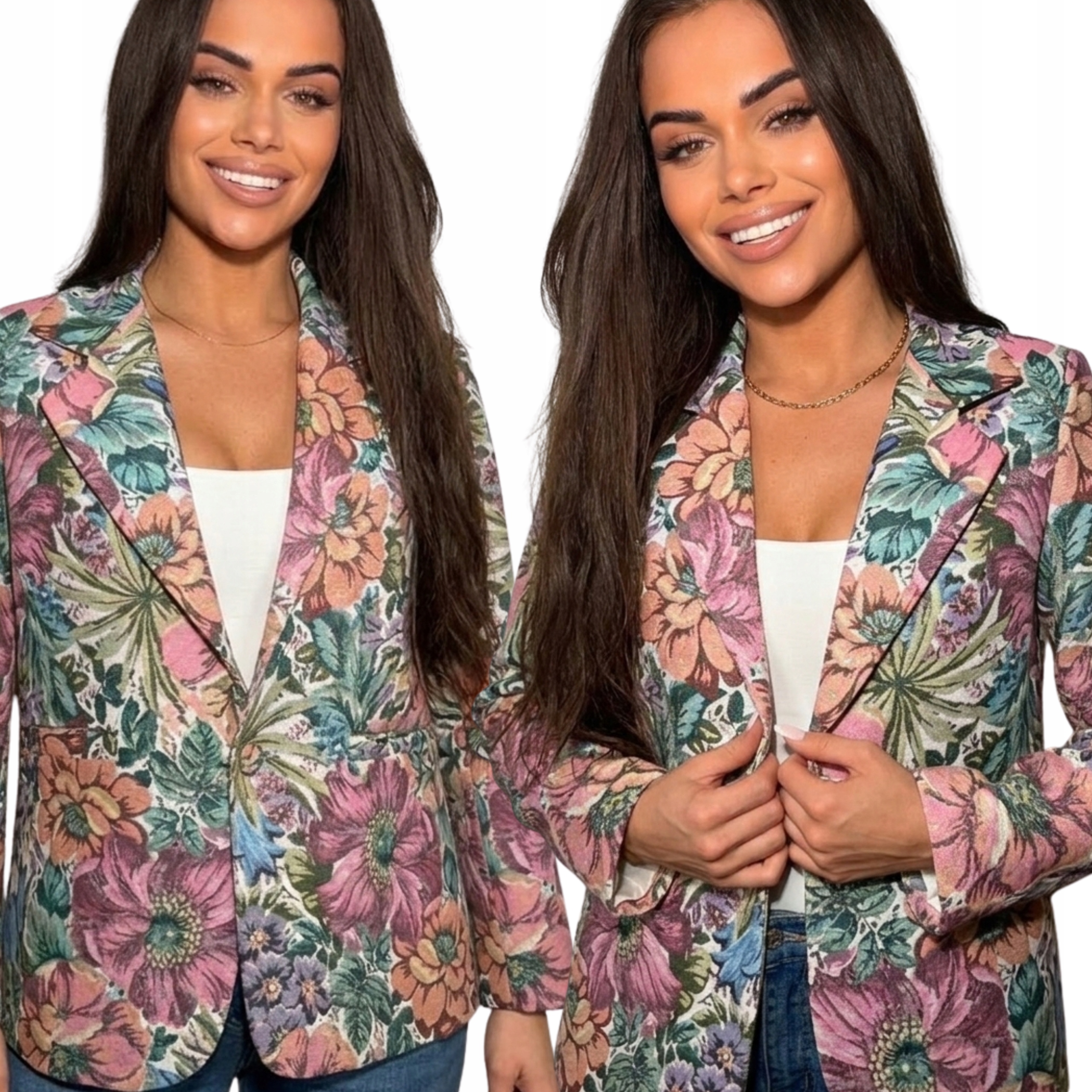 Marynarka Damska Żakiet Kobiecy Kwiaty Klasyk Wiosna Pomarańc S M L XL 3116