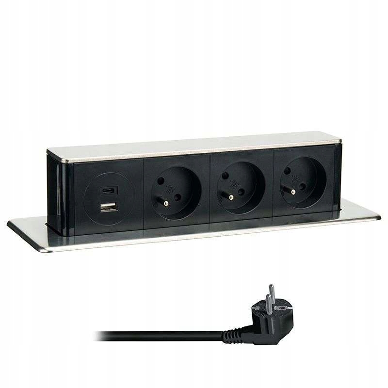 Solight 3z Usb A+c 20W Pd výsuvný blok zásuvek, 2m, nerez ocel