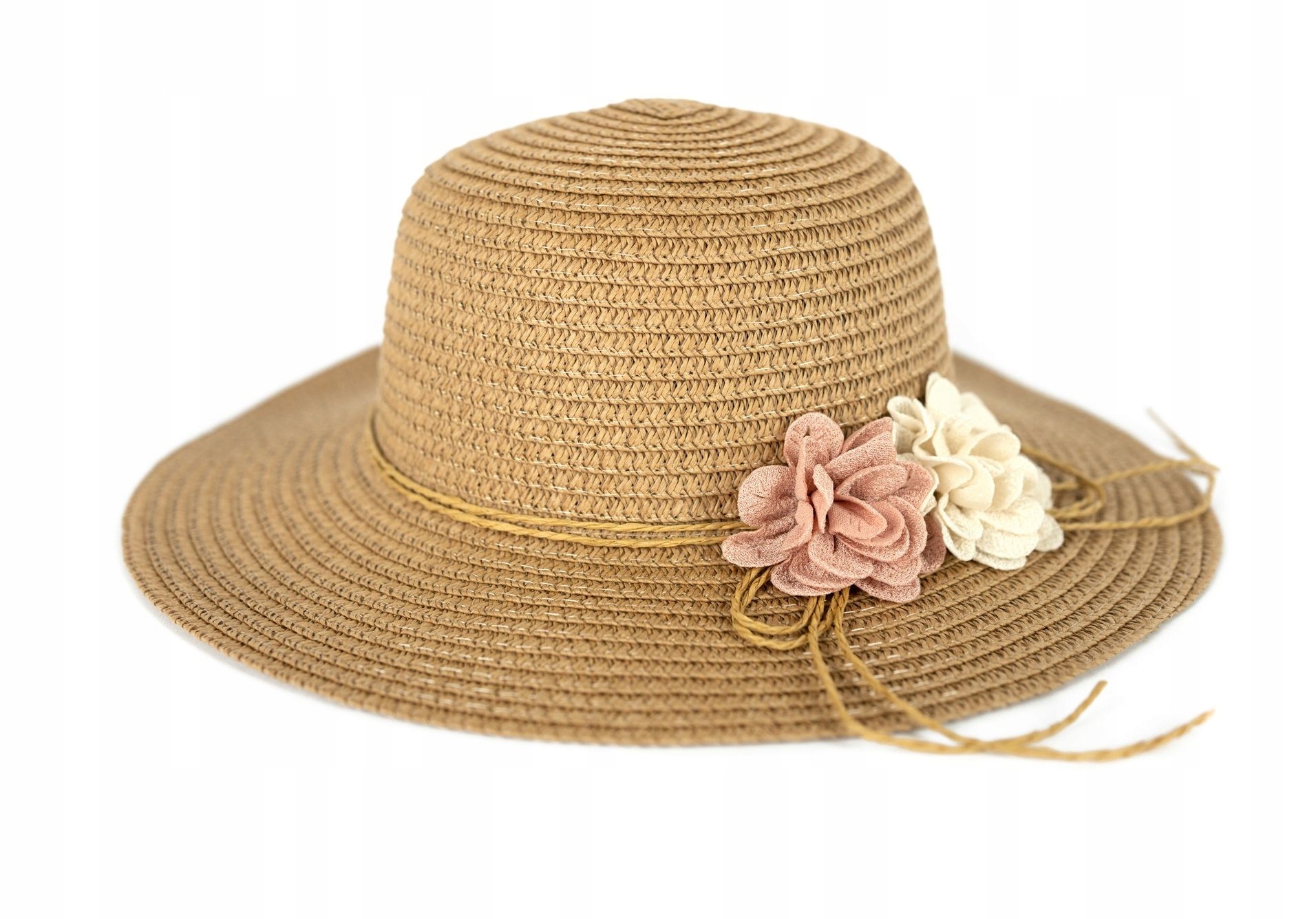 Kapelusz Słomkowy Plażowy dla Dziewczynki na Lato z Kwiatkami Lekki z Gumką
