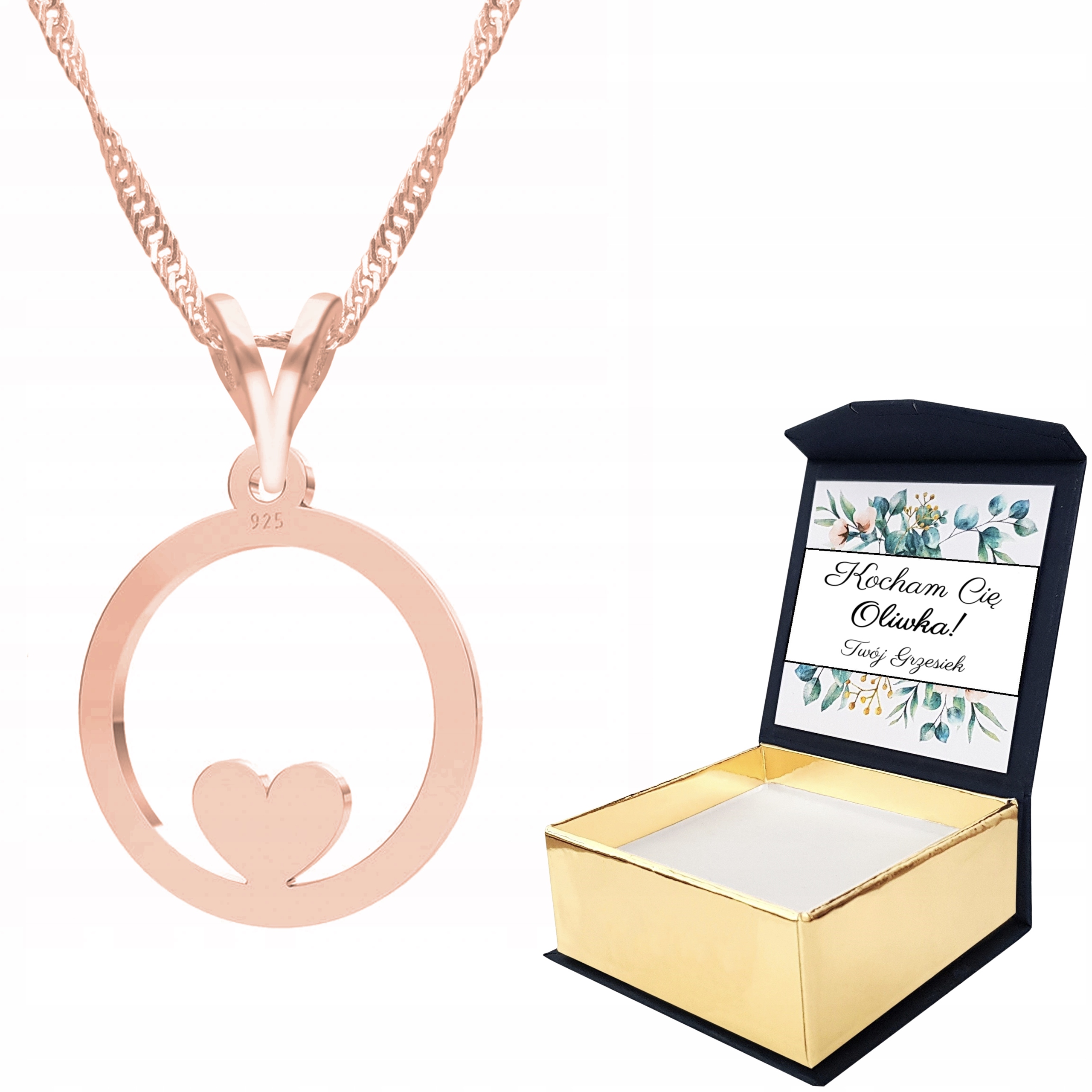 Náhrdelník růžové zlato Kruh Srdce Vlastní Potisk