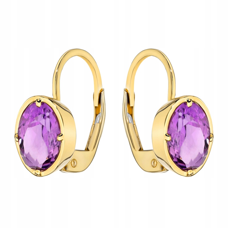 Zlaté Náušnice Anglické pr. 585 Oválné s fialovým ametystem 14k