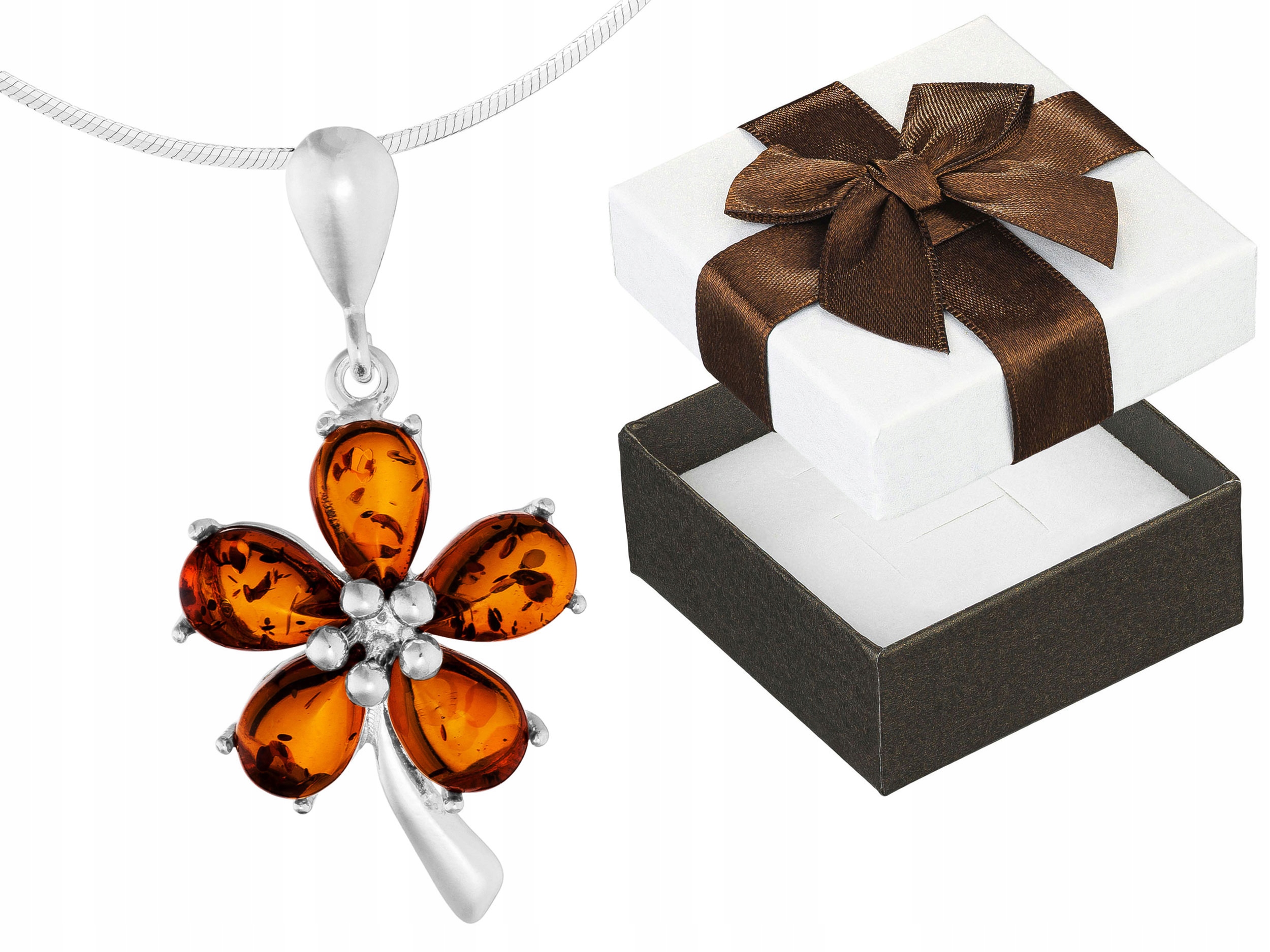 Krátký Stříbrný Náhrdelník Květina s Jantarem Květ Jantarový Choker 38 cm