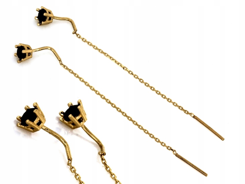 Náušnice zlaté 585 s černou zirkonií ve zlatém košíčku, dlouhé řetízky