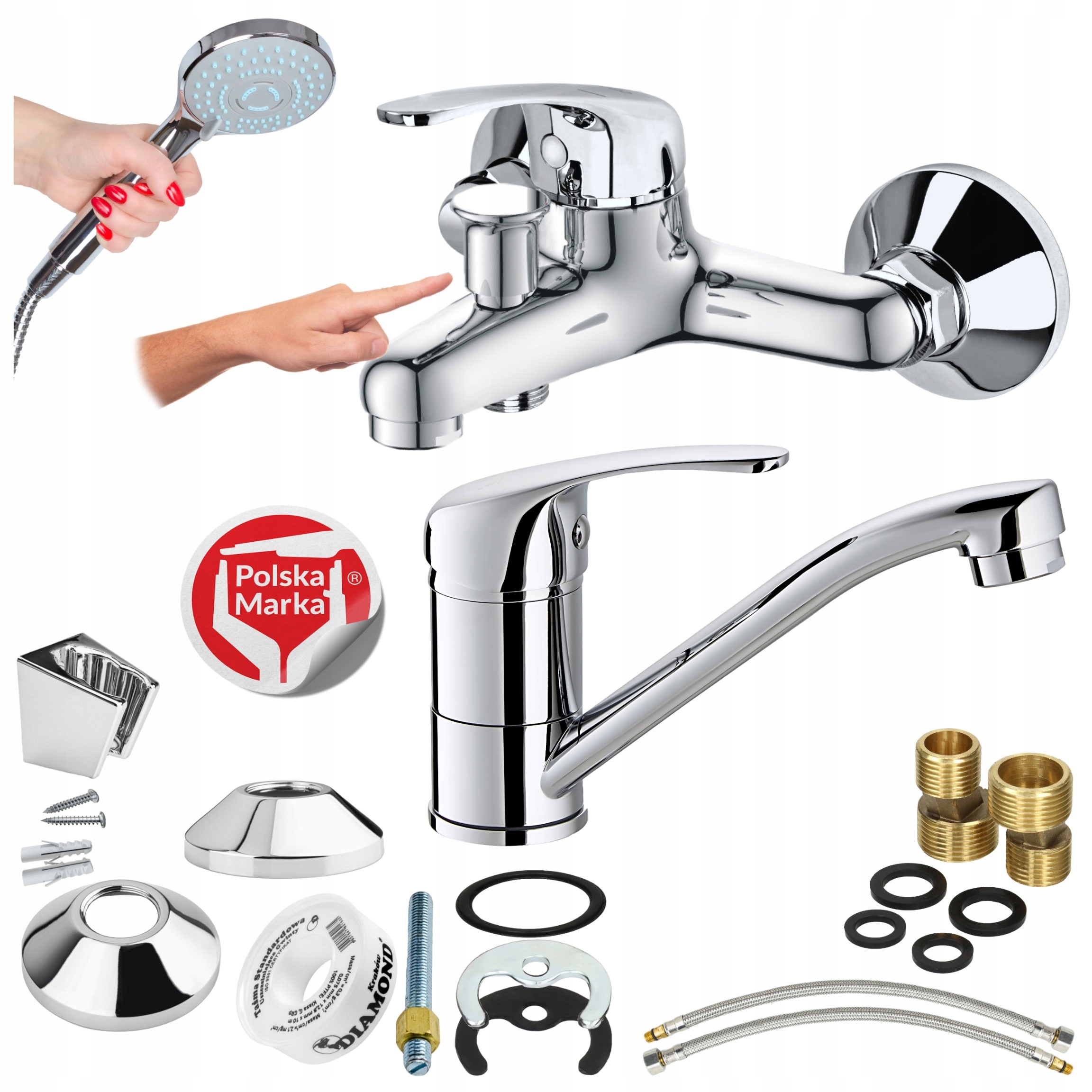 Vaňová batéria s pohyblivým umývadlovým výtokom, chróm, sprchový set Sotbe