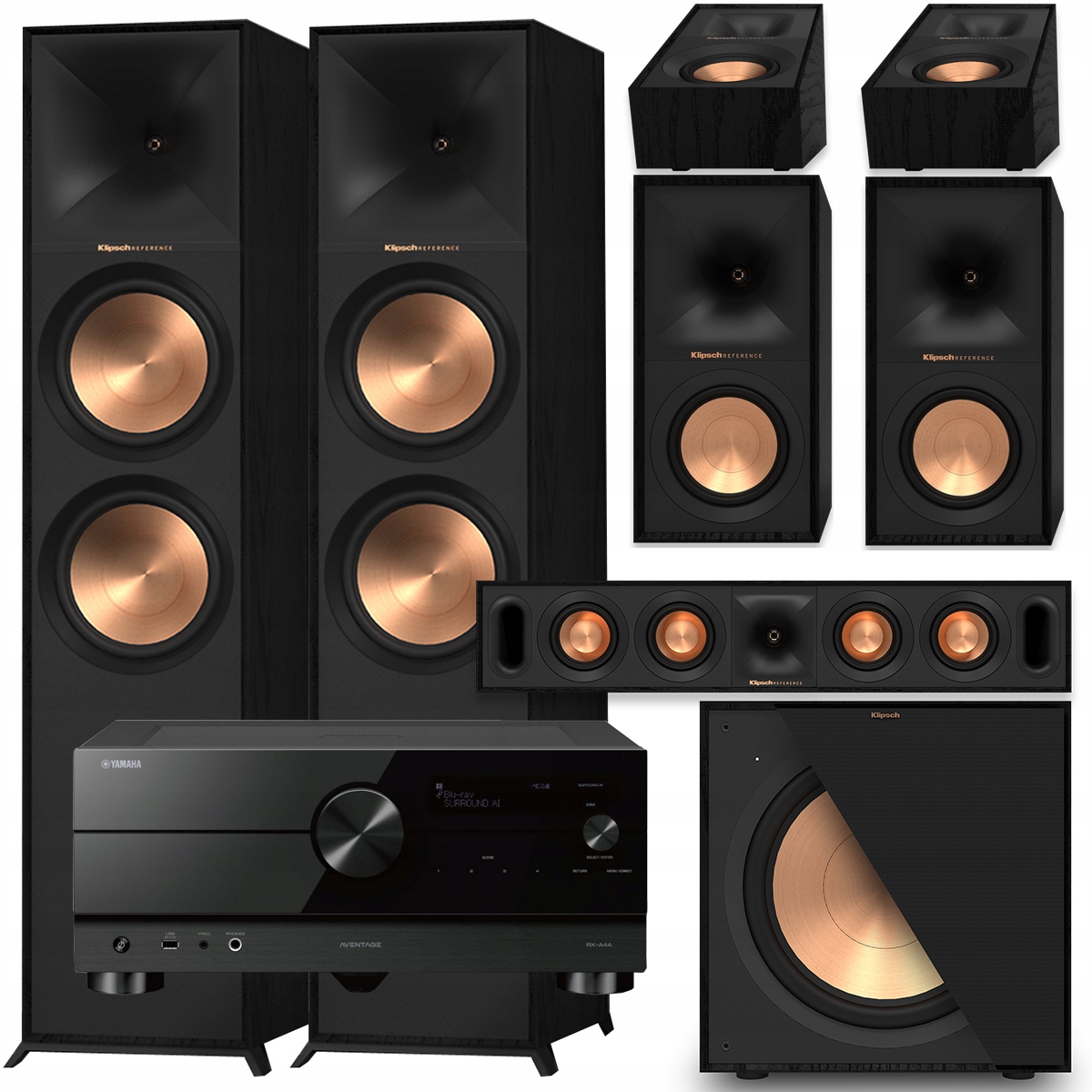 KLIPSCH R-800F + R-50M + R-30C + R-40SA R-121SW + YAMAHA RX-A4A Aventage